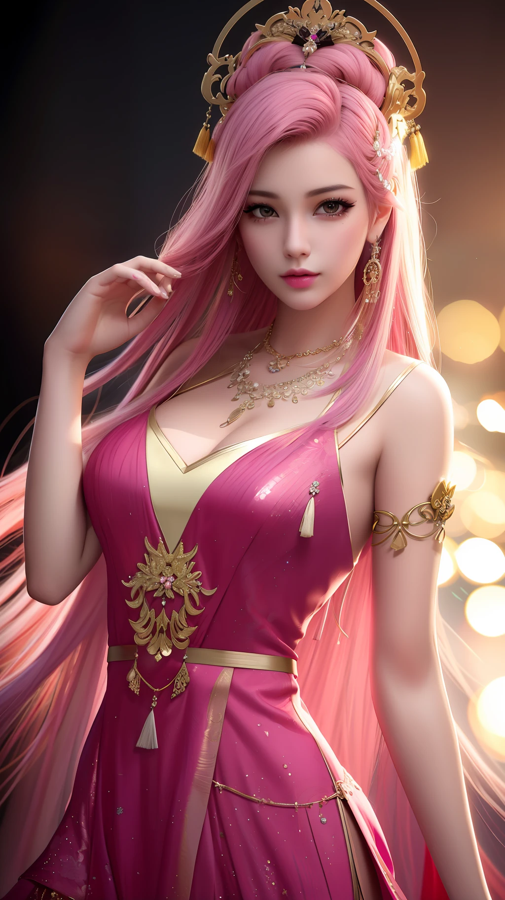 best quality, masterpiece, highres, 1girl, china dress, hair ornament, necklace, jewelry, Beautiful face, upon_body, tyndall effect, photorealistic, dark studio, rim lighting, two tone lighting, (high detailed skin:1.2), 8k uhd, dslr, soft lighting, high quality, volumetric lighting, candid, Photograph, high resolution, 4k, 8k, Bokeh, pink hair,