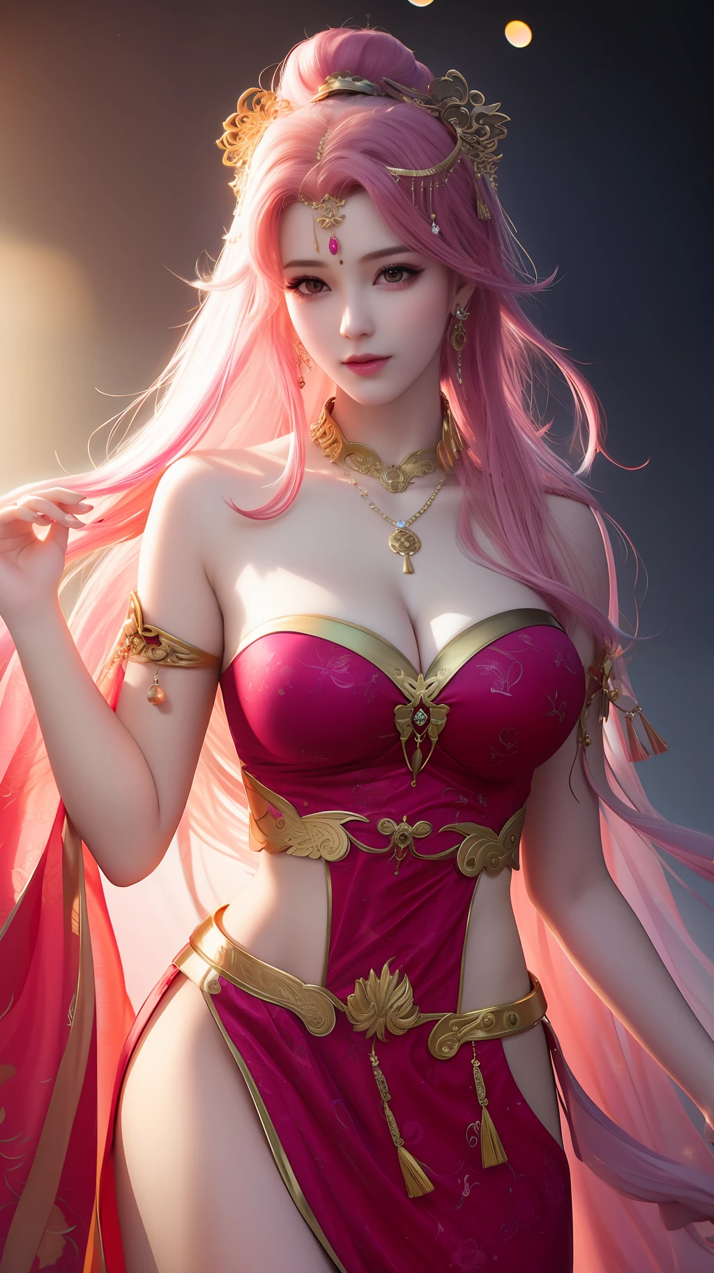 best quality, masterpiece, highres, 1girl, china dress, hair ornament, necklace, jewelry, Beautiful face, upon_body, tyndall effect, photorealistic, dark studio, rim lighting, two tone lighting, (high detailed skin:1.2), 8k uhd, dslr, soft lighting, high quality, volumetric lighting, candid, Photograph, high resolution, 4k, 8k, Bokeh, pink hair, medium breasts,