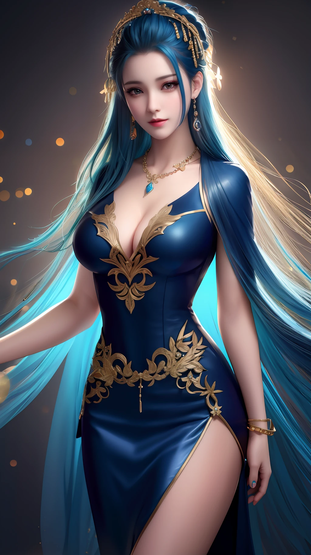 best quality, masterpiece, highres, 1girl, china dress, hair ornament, necklace, jewelry, Beautiful face, upon_body, tyndall effect, photorealistic, dark studio, rim lighting, two tone lighting, (high detailed skin:1.2), 8k uhd, dslr, soft lighting, high quality, volumetric lighting, candid, Photograph, high resolution, 4k, 8k, Bokeh, blue hair, medium breasts,