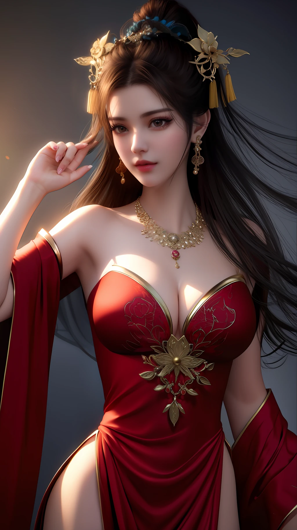 best quality, masterpiece, highres, 1girl, china dress, hair ornament, necklace, jewelry, Beautiful face, upon_body, tyndall effect, photorealistic, dark studio, rim lighting, two tone lighting, (high detailed skin:1.2), 8k uhd, dslr, soft lighting, high quality, volumetric lighting, candid, Photograph, high resolution, 4k, 8k, Bokeh, medium breasts,