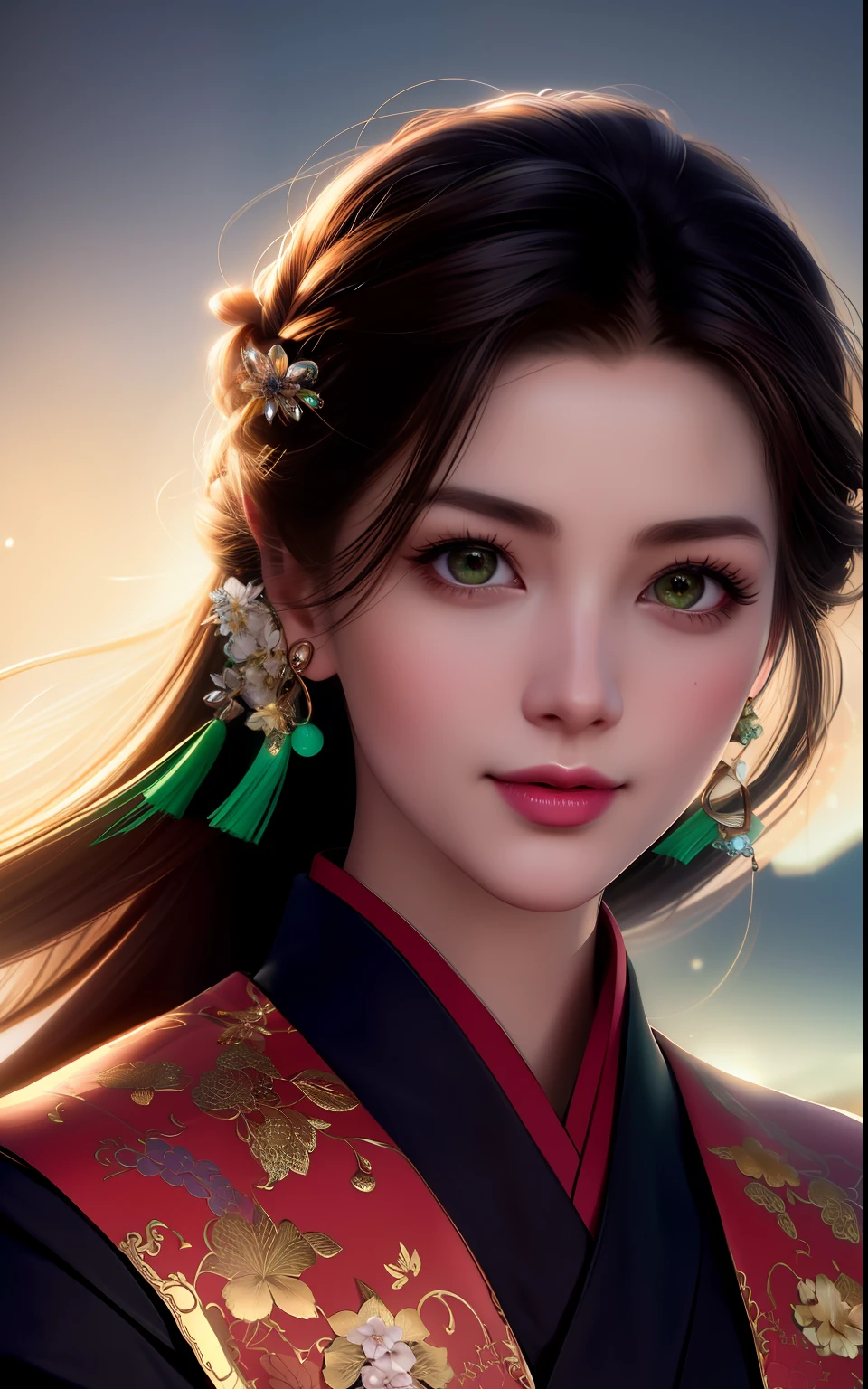 best quality, masterpiece, Upper body, night, full moon, 1 girl, mature woman, Chinese style, ancient China, sister, imperial sister, smile, dark brown hair, dark hair, princess cut, a Fried Dough Twists braid, coiled hair, double ball head, light pink lips, calm, intellectual, middle hair, green eyes, hairpin, hydrangea, fine face, facial close-up, hand close-up, Beautiful face, photorealistic, rim lighting, two tone lighting,(high detailed skin:1.2), 8k uhd, dslr, soft lighting, high quality, volumetric lighting, Photograph, high resolution, 4k, 8k, Bokeh