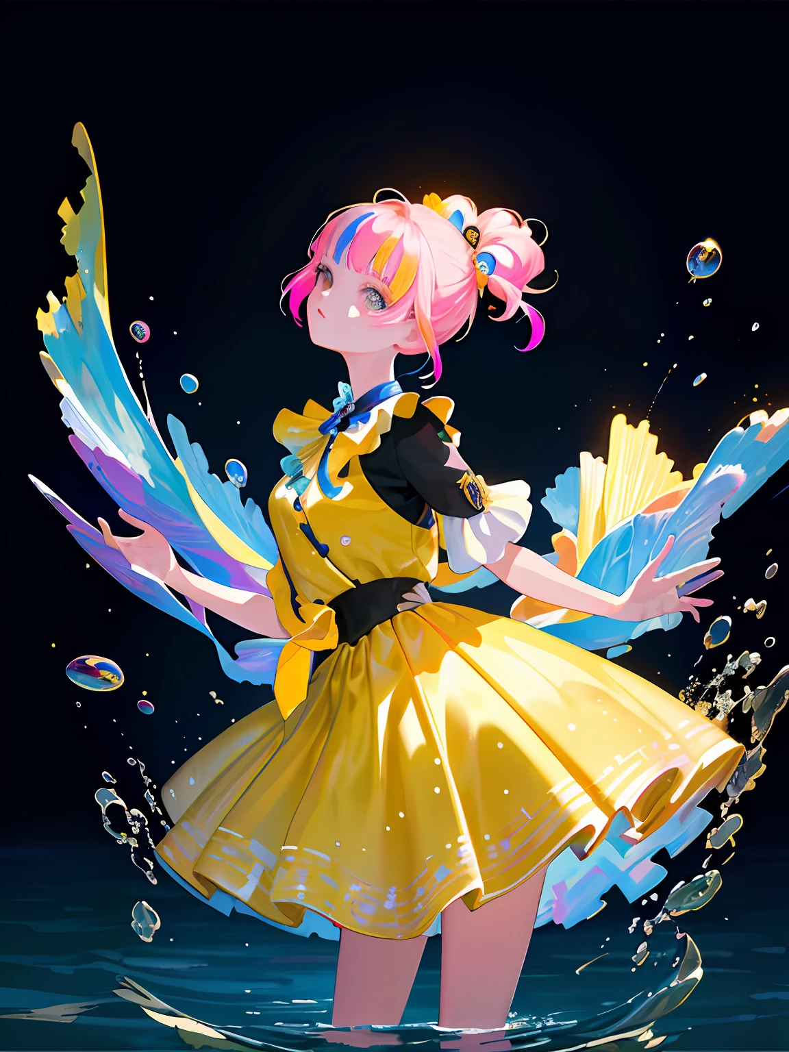 (masterpiece), (best quality), (super detailed), (illustration), (1girl), (fashionable clothing), standing, mannequin, looking at viewer, (interview), (simple background), beauty of beauty, ( Highlight and degree), (colorful water splash), colorful bubbles, (shiny), focus face,