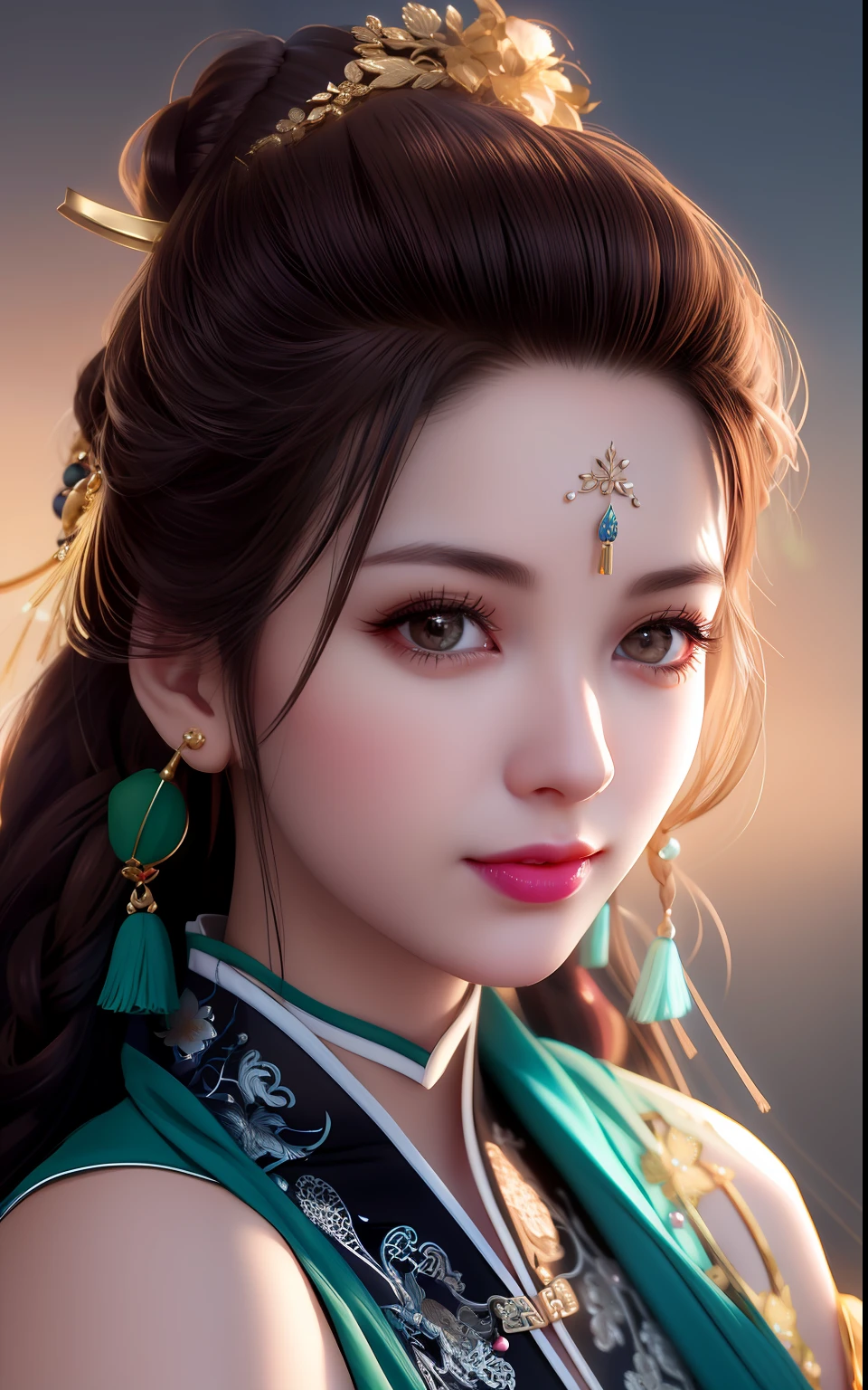 best quality, masterpiece, Upper body, night, full moon, 1 girl, mature woman, Chinese style, ancient China, sister, imperial sister, smile, dark brown hair, dark hair, princess cut, a Fried Dough Twists braid, coiled hair, double ball head, light pink lips, calm, intellectual, middle hair, green eyes, hairpin, hydrangea, fine face, facial close-up, hand close-up, Beautiful face, photorealistic, rim lighting, two tone lighting, (high detailed skin:1.2), 8k uhd, dslr, soft lighting, high quality, volumetric lighting, Photograph, high resolution, 4k, 8k, Bokeh, (nsfw:1.2), purple hair color,