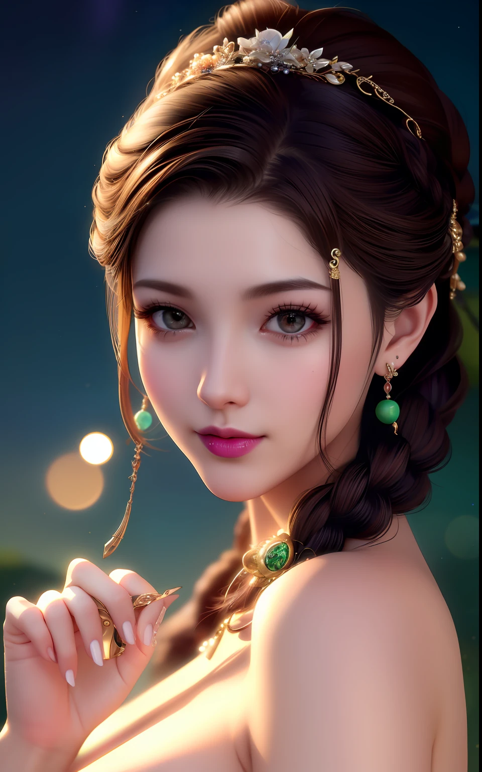 best quality, masterpiece, Upper body, night, full moon, 1 girl, mature woman, Chinese style, ancient China, sister, imperial sister, smile, dark brown hair, dark hair, princess cut, a Fried Dough Twists braid, coiled hair, double ball head, light pink lips, calm, intellectual, middle hair, green eyes, hairpin, hydrangea, fine face, facial close-up, hand close-up, Beautiful face, photorealistic, rim lighting, two tone lighting, (high detailed skin:1.2), 8k uhd, dslr, soft lighting, high quality, volumetric lighting, Photograph, high resolution, 4k, 8k, Bokeh, (nsfw:1.3), purple hair color,