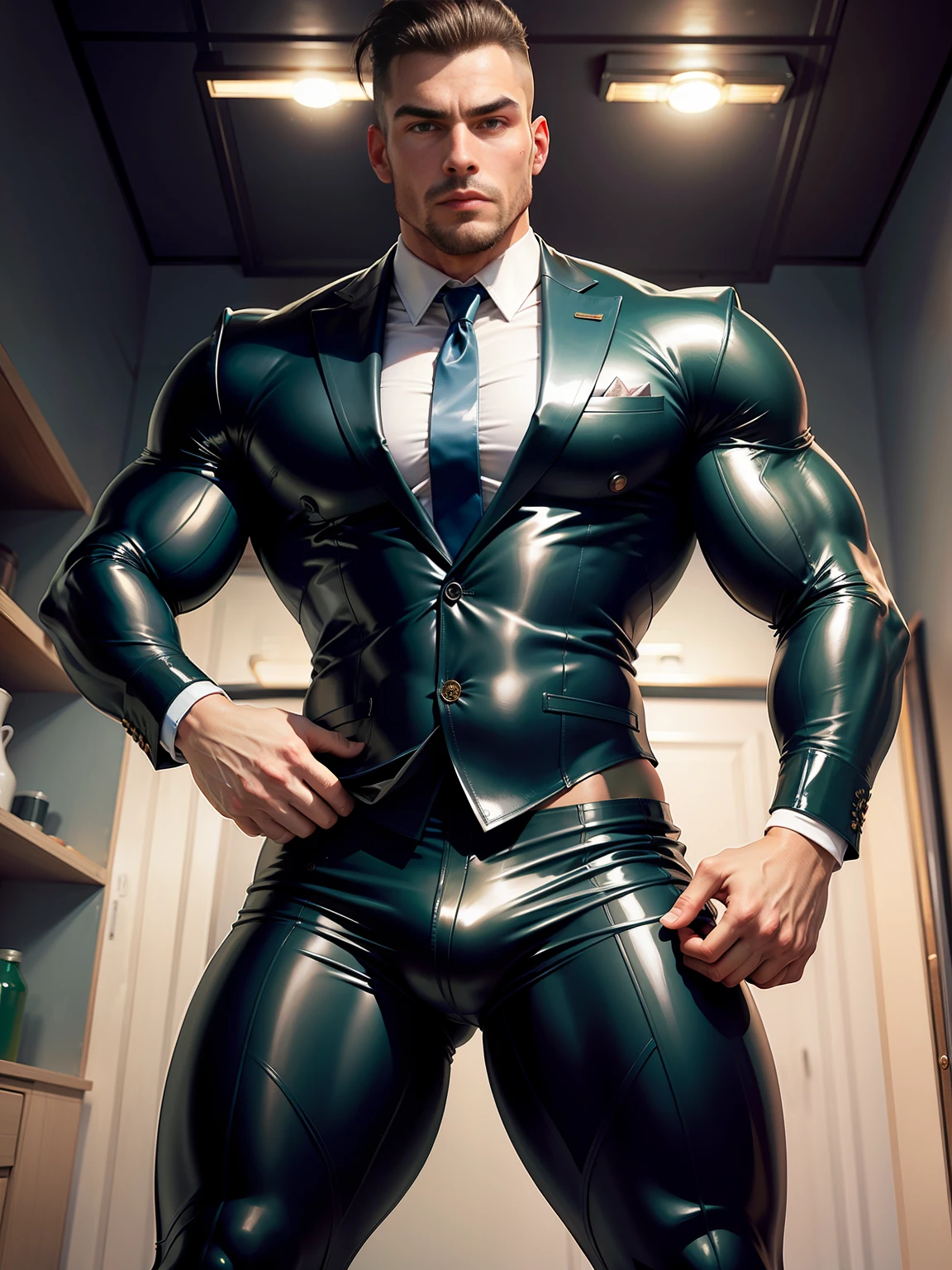 Muscular man in a latex three piece suit