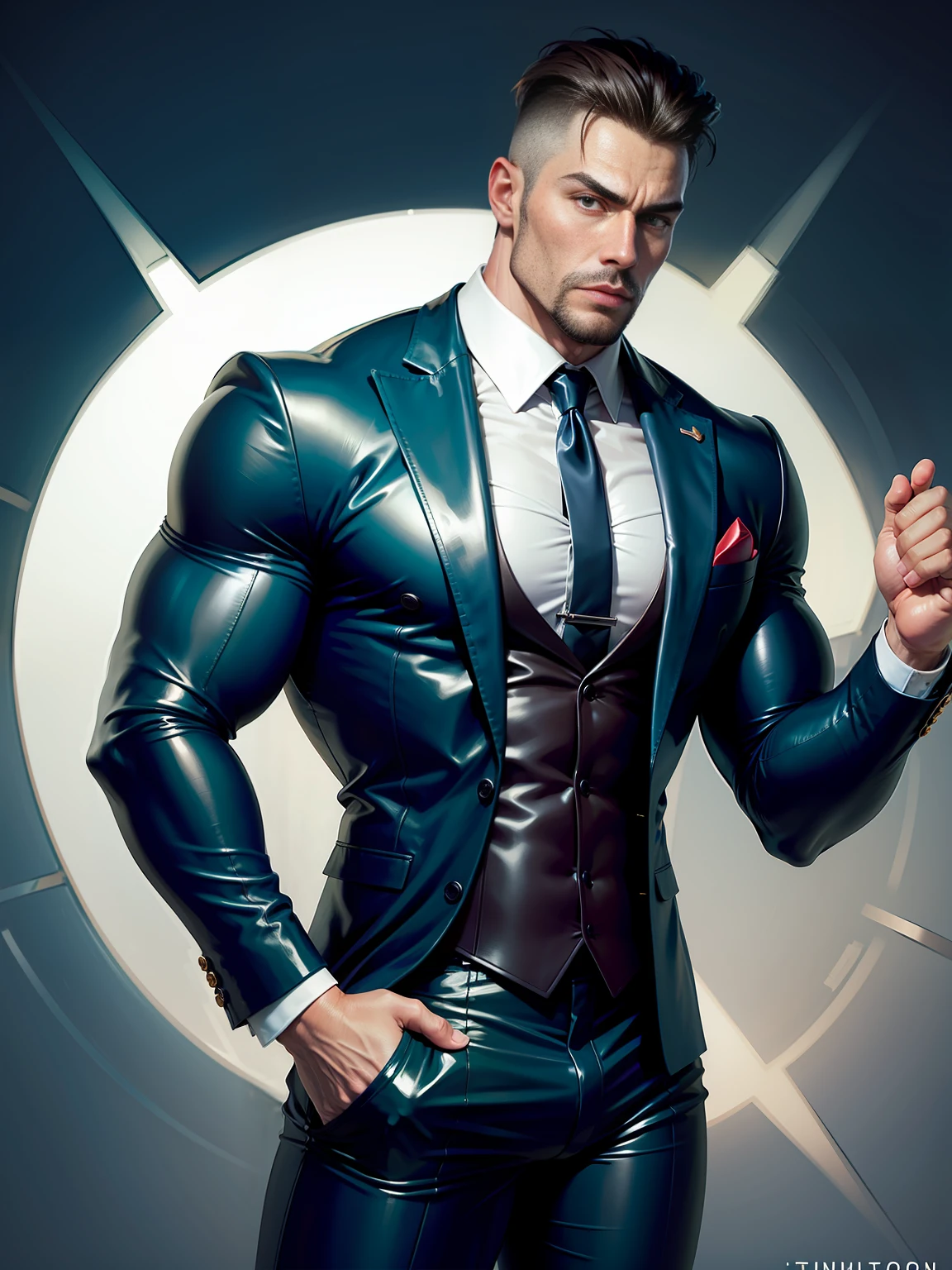 Muscular man in a latex three piece suit