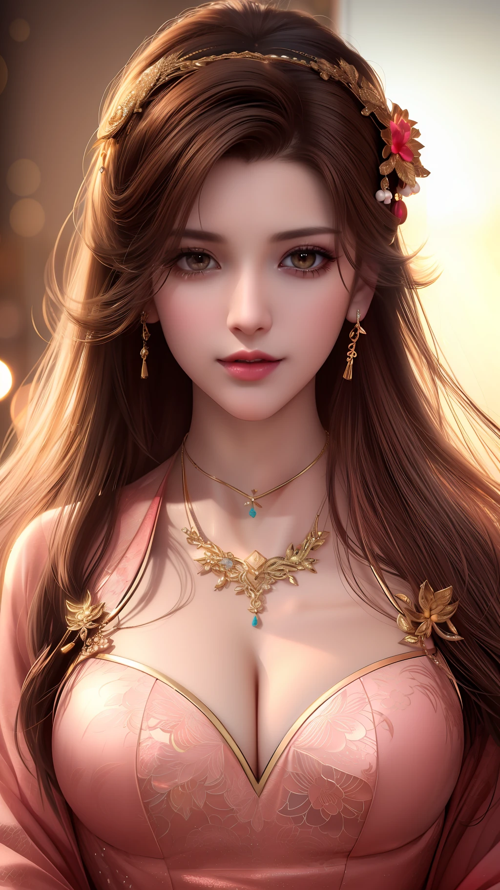 best quality, masterpiece, highres, 1girl, china dress, hair ornament, necklace, jewelry, Beautiful face, upon_body, tyndall effect, photorealistic, dark studio, rim lighting, two tone lighting, (high detailed skin:1.2), 8k uhd, dslr, soft lighting, high quality, volumetric lighting, candid, Photograph, high resolution, 4k, 8k, Bokeh, light brown hair color, medium breasts, light pink lips,