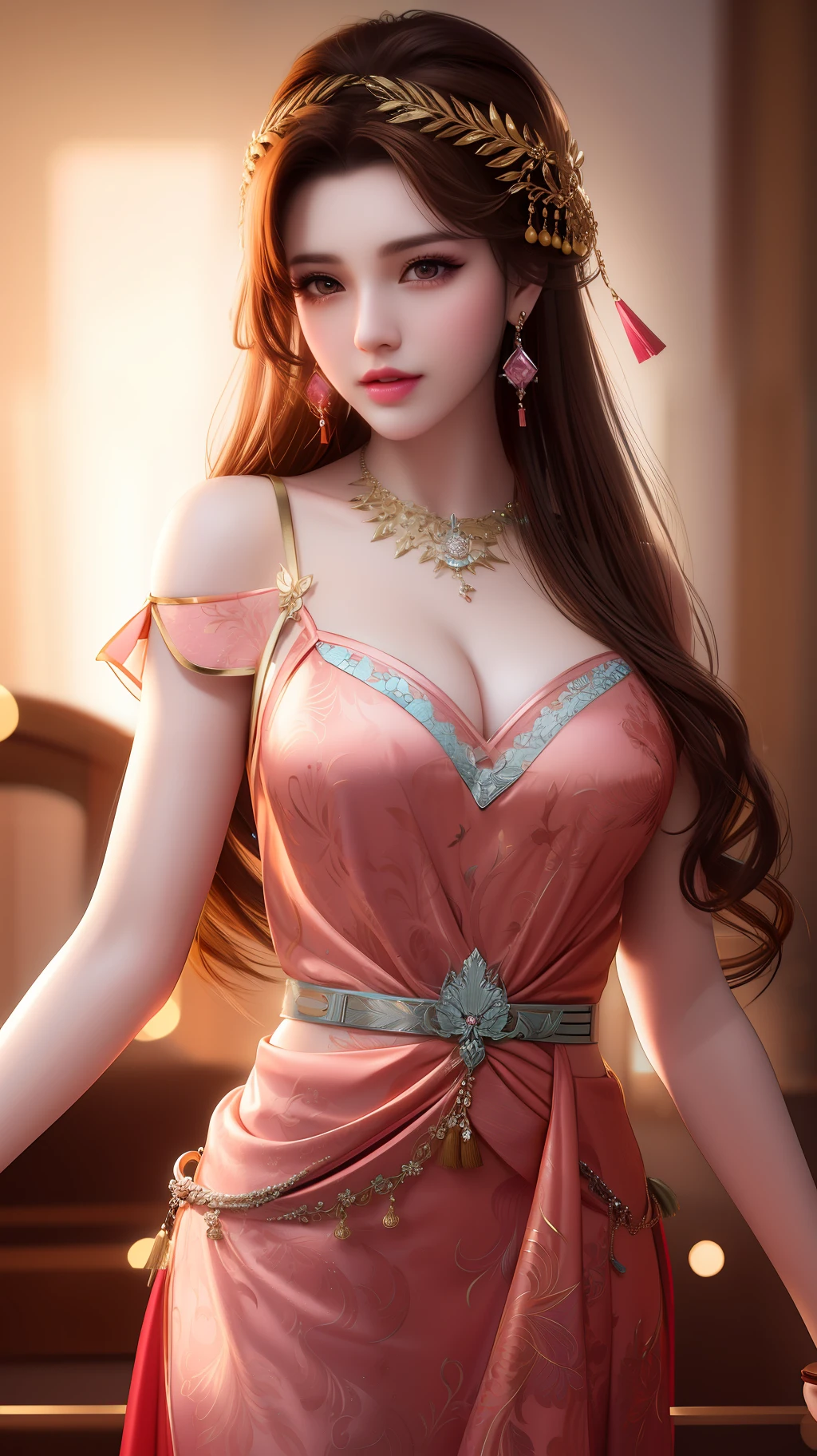 best quality, masterpiece, highres, 1girl, china dress, hair ornament, necklace, jewelry, Beautiful face, upon_body, tyndall effect, photorealistic, dark studio, rim lighting, two tone lighting, (high detailed skin:1.2), 8k uhd, dslr, soft lighting, high quality, volumetric lighting, candid, Photograph, high resolution, 4k, 8k, Bokeh, light brown hair color, medium breasts, light pink lips,