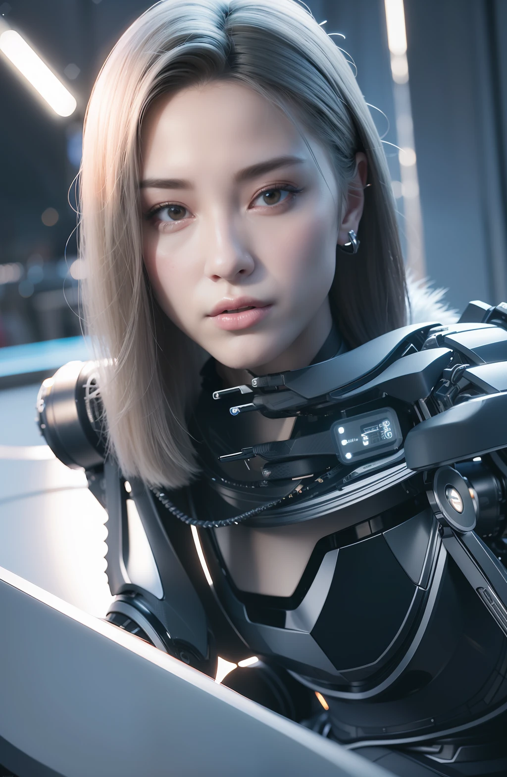 complex 3d render android face ultra detailed beautiful china profile woman, cyborg, robot part, 150 mm, beautiful studio soft light, edge light, vivid detail, fancy cyberpunk, lace, hyperrealistic, anatomy, facial muscles, electric wires, microchips, elegant, beautiful background, octane render, HR Giger style, 8k, top quality, masterpiece, illustration, smooth and beautiful, highly detailed, CG, unity, wallpaper, (realistic, photo-realistic: 1.37), excellent, detail refined, masterpiece, top quality, official art, highly detailed, absurd CG unity 8k wallpaper, absurd, robot, silver halmet, full body, sitting