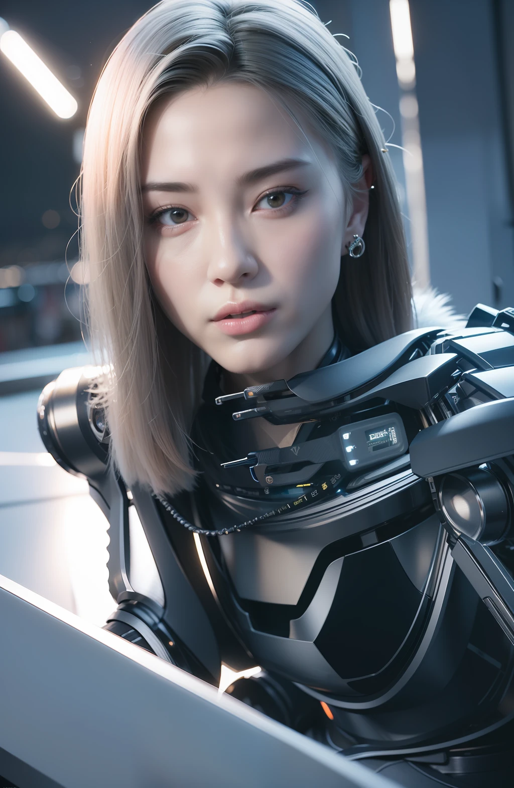 complex 3d render android face ultra detailed beautiful china profile woman, cyborg, robot part, 150 mm, beautiful studio soft light, edge light, vivid detail, fancy cyberpunk, lace, hyperrealistic, anatomy, facial muscles, electric wires, microchips, elegant, beautiful background, octane render, HR Giger style, 8k, top quality, masterpiece, illustration, smooth and beautiful, highly detailed, CG, unity, wallpaper, (realistic, photo-realistic: 1.37), excellent, detail refined, masterpiece, top quality, official art, highly detailed, absurd CG unity 8k wallpaper, absurd, robot, silver halmet, full body, sitting
