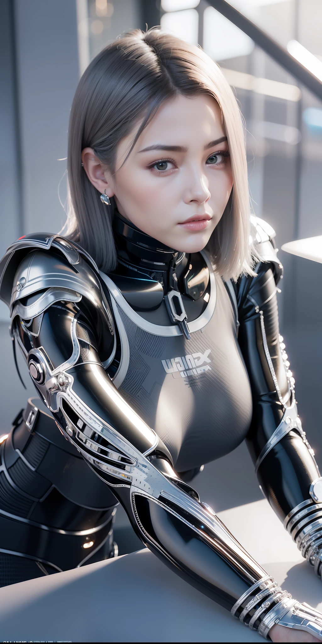 complex 3d render android face ultra detailed beautiful china profile woman, cyborg, robot part, 150 mm, beautiful studio soft light, edge light, vivid detail, fancy cyberpunk, lace, hyperrealistic, anatomy, facial muscles, electric wires, microchips, elegant, beautiful background, octane render, HR Giger style, 8k, top quality, masterpiece, illustration, smooth and beautiful, highly detailed, CG, unity, wallpaper, (realistic, photo-realistic: 1.37), excellent, detail refined, masterpiece, top quality, official art, highly detailed, absurd CG unity 8k wallpaper, absurd, robot, silver halmet, full body, sitting