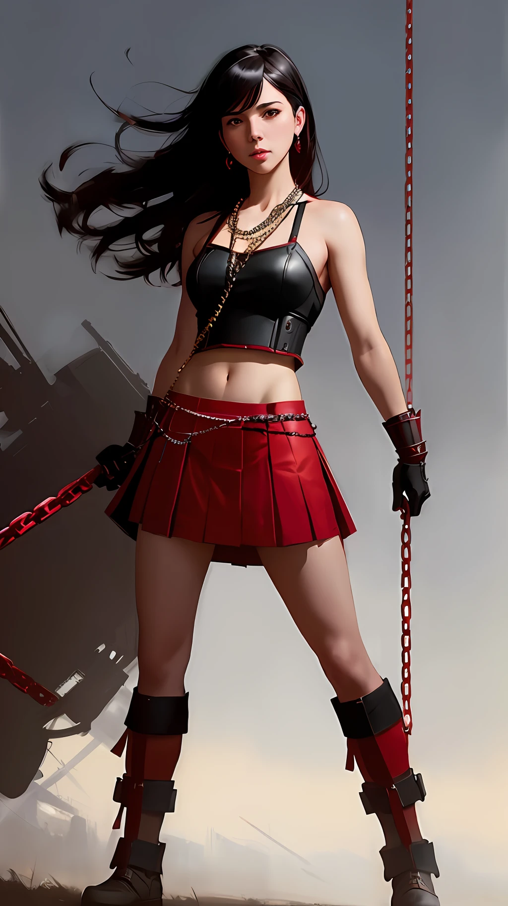 cute warrior in skirt, using red chains, with red arms, Atey Ghailan, by Jeremy Mann, Greg Manchess, Antonio Moro, trending on ArtStation, trending on CGSociety, Intricate, High Detail, Sharp focus, dramatic, photorealistic painting art by midjourney and greg rutkowski