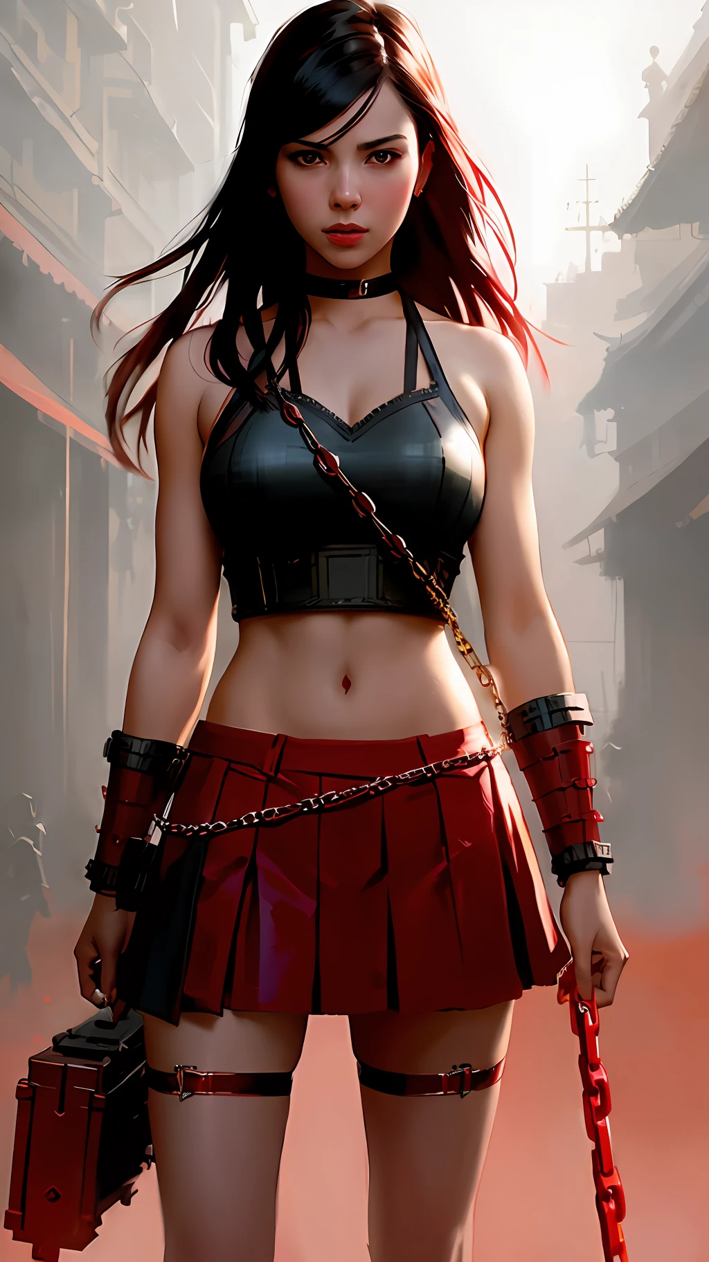 cute warrior in skirt, using red chains, with red arms, Atey Ghailan, by Jeremy Mann, Greg Manchess, Antonio Moro, trending on ArtStation, trending on CGSociety, Intricate, High Detail, Sharp focus, dramatic, photorealistic painting art by midjourney and greg rutkowski