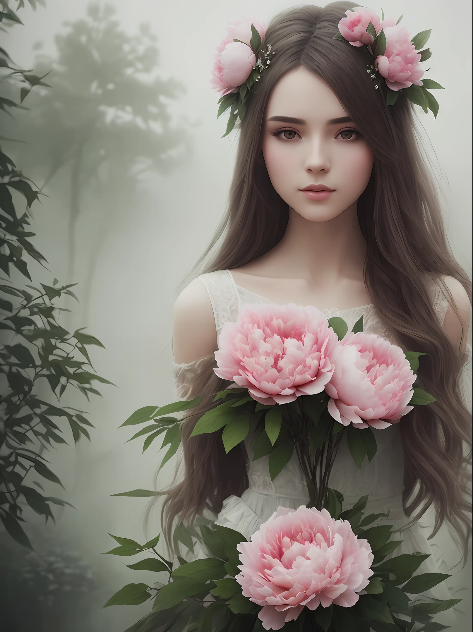 beautiful girl with peonies, beautiful face, focus on the face, ethereal warm light, fog, fantasy world,detailed picture in fantasy style
