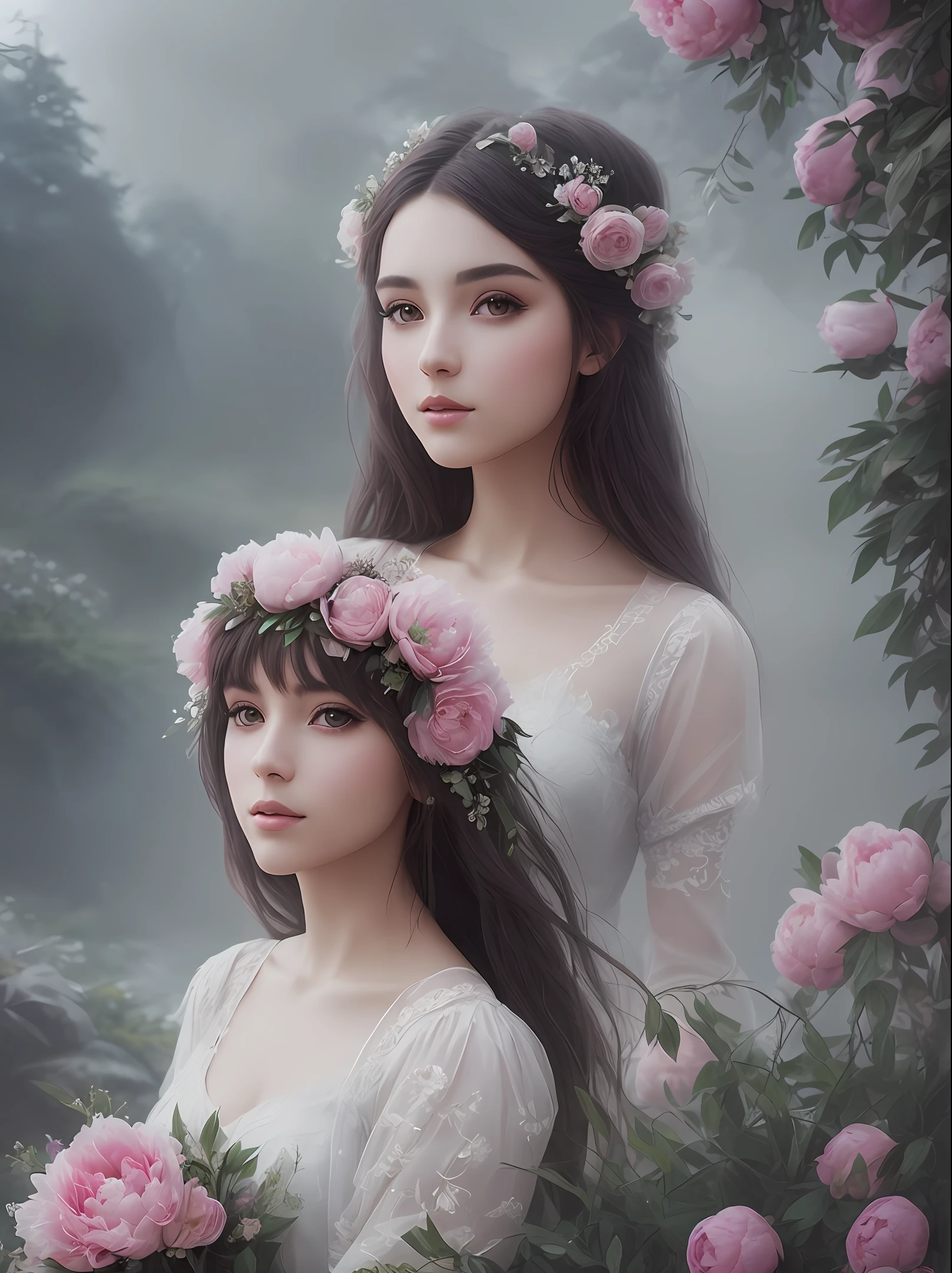 beautiful girl with peonies, beautiful face, focus on the face, ethereal warm light, fog, fantasy world,detailed picture in fantasy style