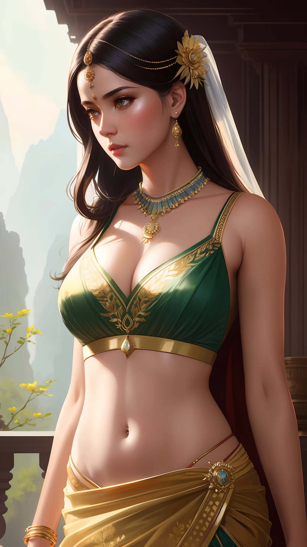 modelshoot style, (extremely detailed CG unity 8k wallpaper), full shot body photo of the most beautiful artwork in the world, stunningly beautiful photo realistic cute women in saree (navel:1.5), professional majestic oil painting by Ed Blinkey, Atey Ghailan, Studio Ghibli, by Jeremy Mann, Greg Manchess, Antonio Moro, trending on ArtStation, trending on CGSociety, Intricate, High Detail, Sharp focus, dramatic, photorealistic painting art by midjourney and greg rutkowski