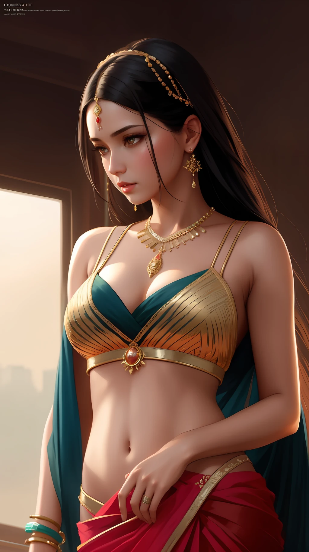 modelshoot style, (extremely detailed CG unity 8k wallpaper), full shot body photo of the most beautiful artwork in the world, stunningly beautiful photo realistic cute women in saree (navel:1.5), professional majestic oil painting by Ed Blinkey, Atey Ghailan, Studio Ghibli, by Jeremy Mann, Greg Manchess, Antonio Moro, trending on ArtStation, trending on CGSociety, Intricate, High Detail, Sharp focus, dramatic, photorealistic painting art by midjourney and greg rutkowski
