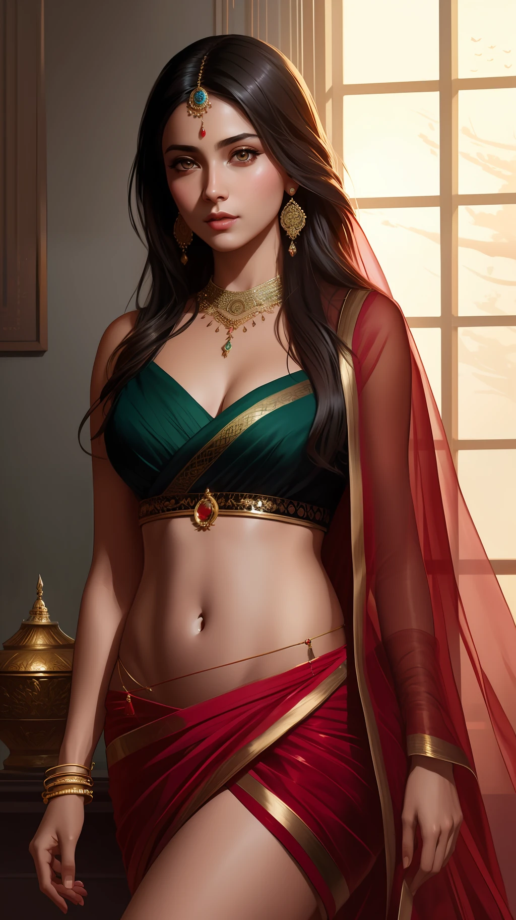 modelshoot style, (extremely detailed CG unity 8k wallpaper), full shot body photo of the most beautiful artwork in the world, stunningly beautiful photo realistic cute women in saree (navel:1.5), professional majestic oil painting by Ed Blinkey, Atey Ghailan, Studio Ghibli, by Jeremy Mann, Greg Manchess, Antonio Moro, trending on ArtStation, trending on CGSociety, Intricate, High Detail, Sharp focus, dramatic, photorealistic painting art by midjourney and greg rutkowski