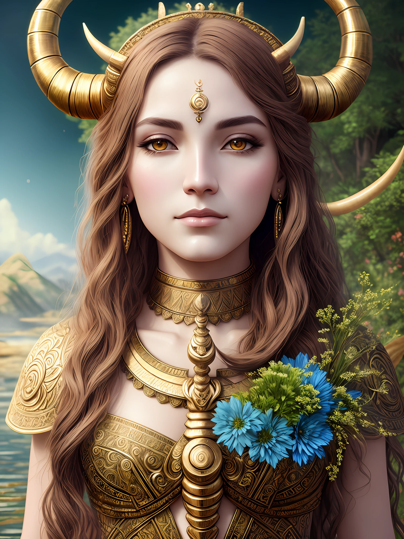 Digital painting, masterpiece, hyperdetailed, zodiac goddess, ((capricorn)), nature background, 4k, intricate details, detailed eyes, detailed skin, perfect lighting, unreal engine, deviantart, flowers, water, utopia