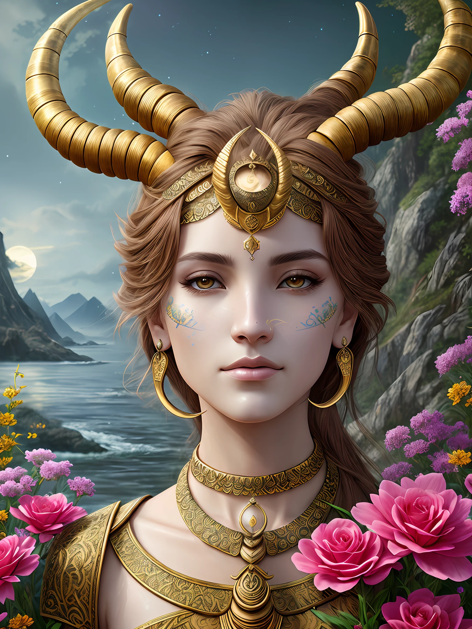 Digital painting, masterpiece, hyperdetailed, zodiac goddess, ((capricorn)), nature background, 4k, intricate details, detailed eyes, detailed skin, perfect lighting, unreal engine, deviantart, flowers, water, utopia