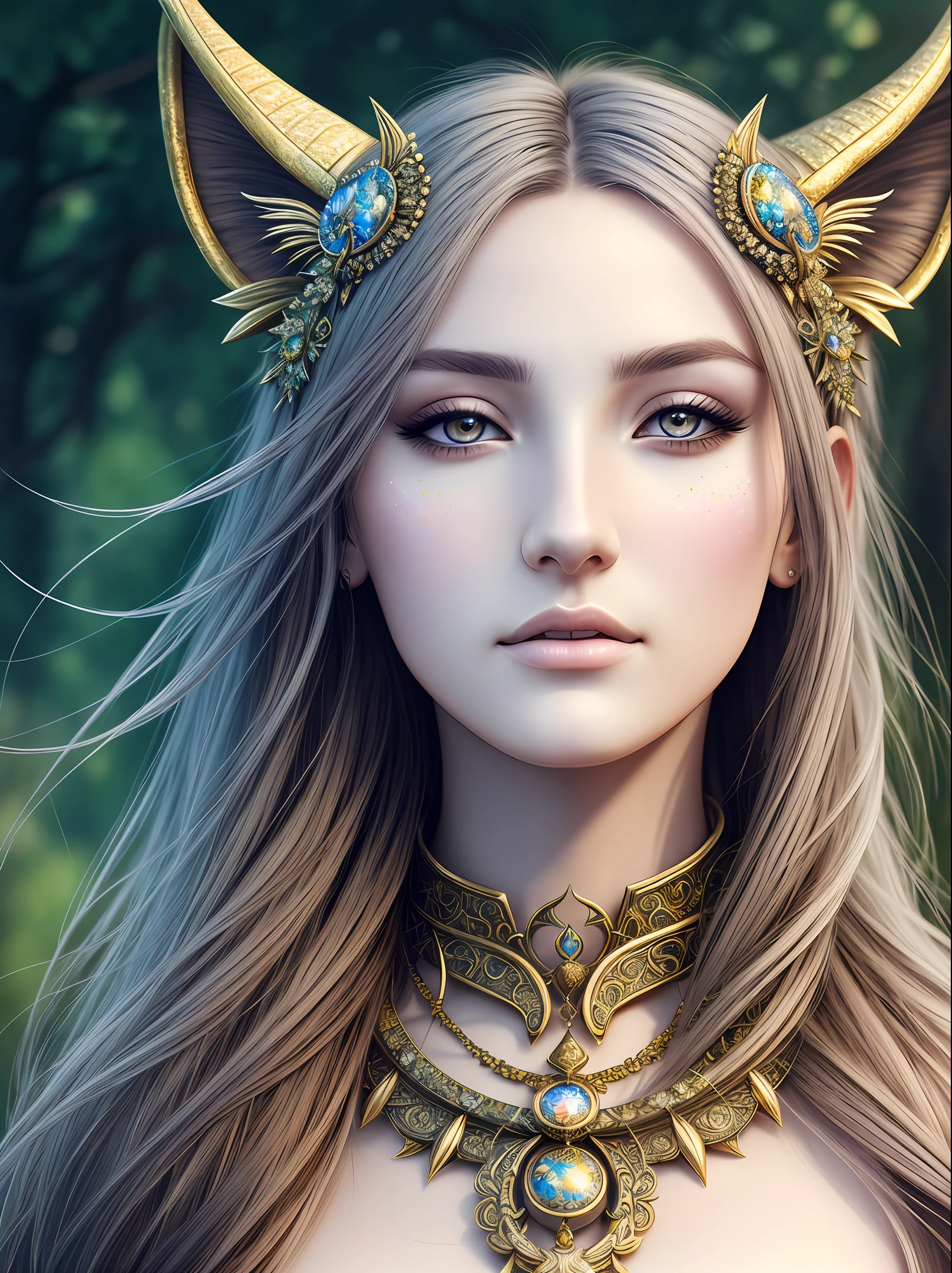 Digital painting, photorealism, masterpiece, hyperdetailed, zodiac goddess, (capricon), nature background, 4k, intricate details, detailed eyes, detailed skin, perfect lighting, unreal engine, deviantart