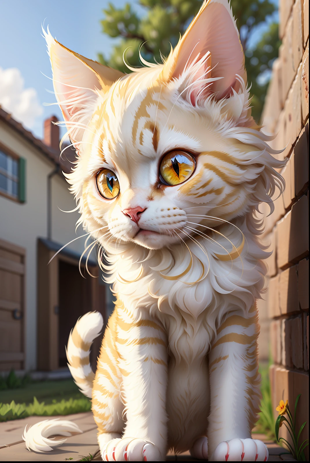 cartoon of a mostly white tabby cat with yellow eyes