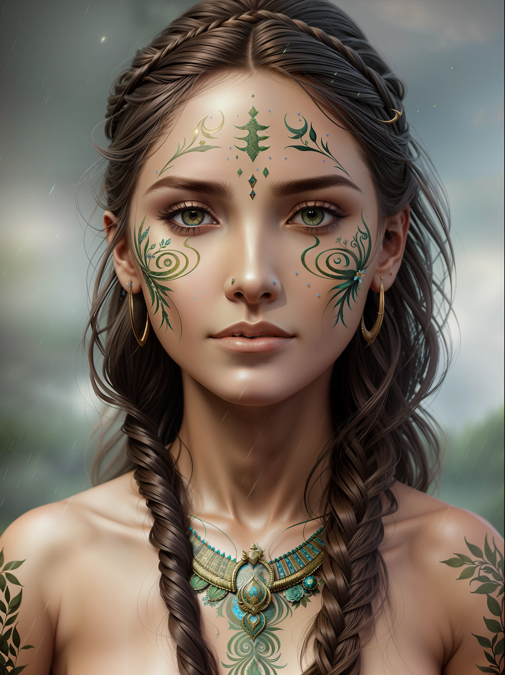 Digital painting, photorealism, masterpiece, hyperdetailed, zodiac goddess, (capricorn), nature background, 4k, intricate details, detailed eyes, detailed skin, perfect lighting, unreal engine, deviantart, flowers, water, utopia