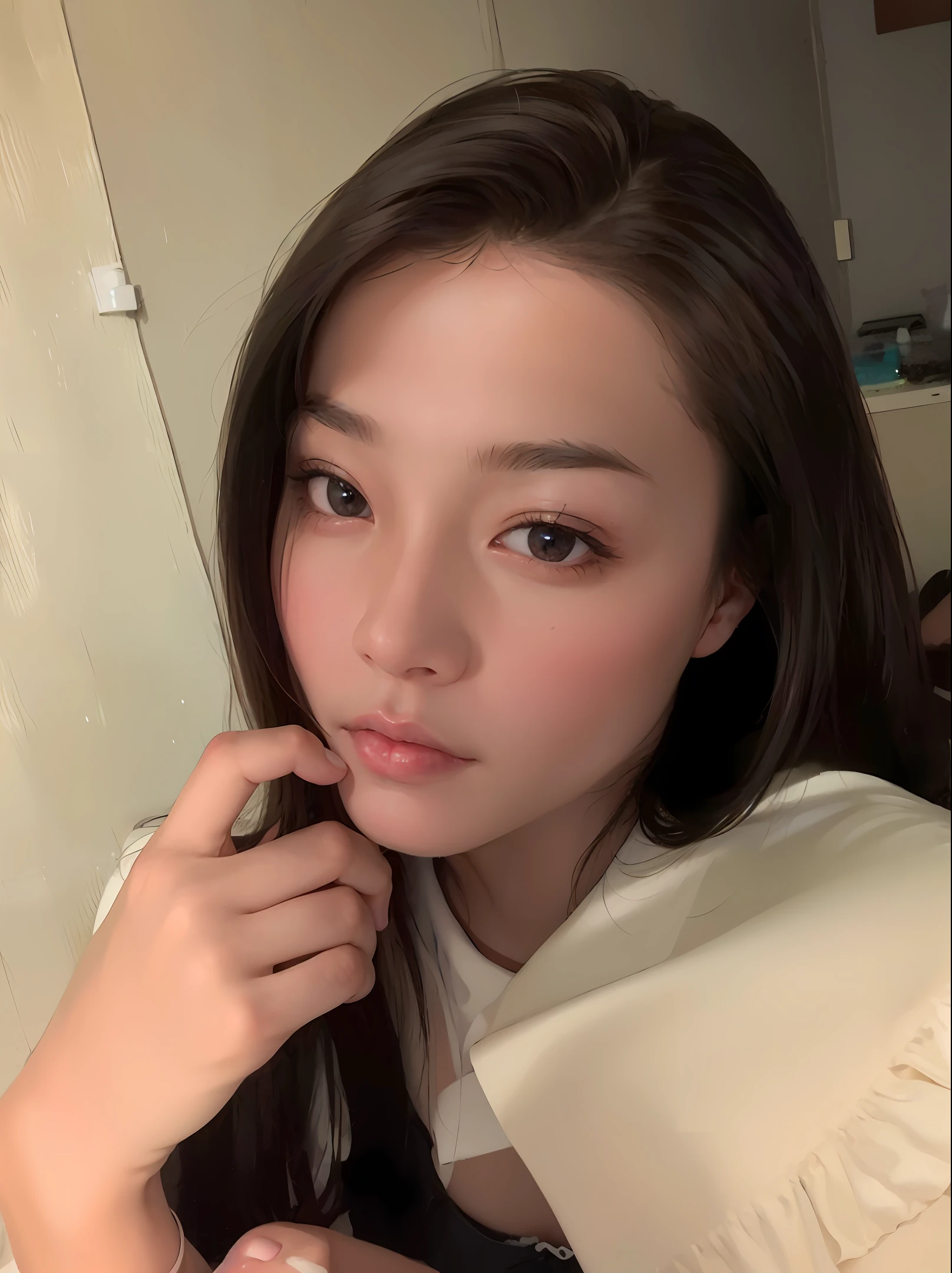 1 girl, satin lingerie, medium brown hair, bangs, glowing skin, slim body, small breast, full body, best quality, masterpiece, ultra high res,(photo realistic:1.4),professional lighting, physically-based rendering, ulzzang-6500-v1.1, at bathroom,