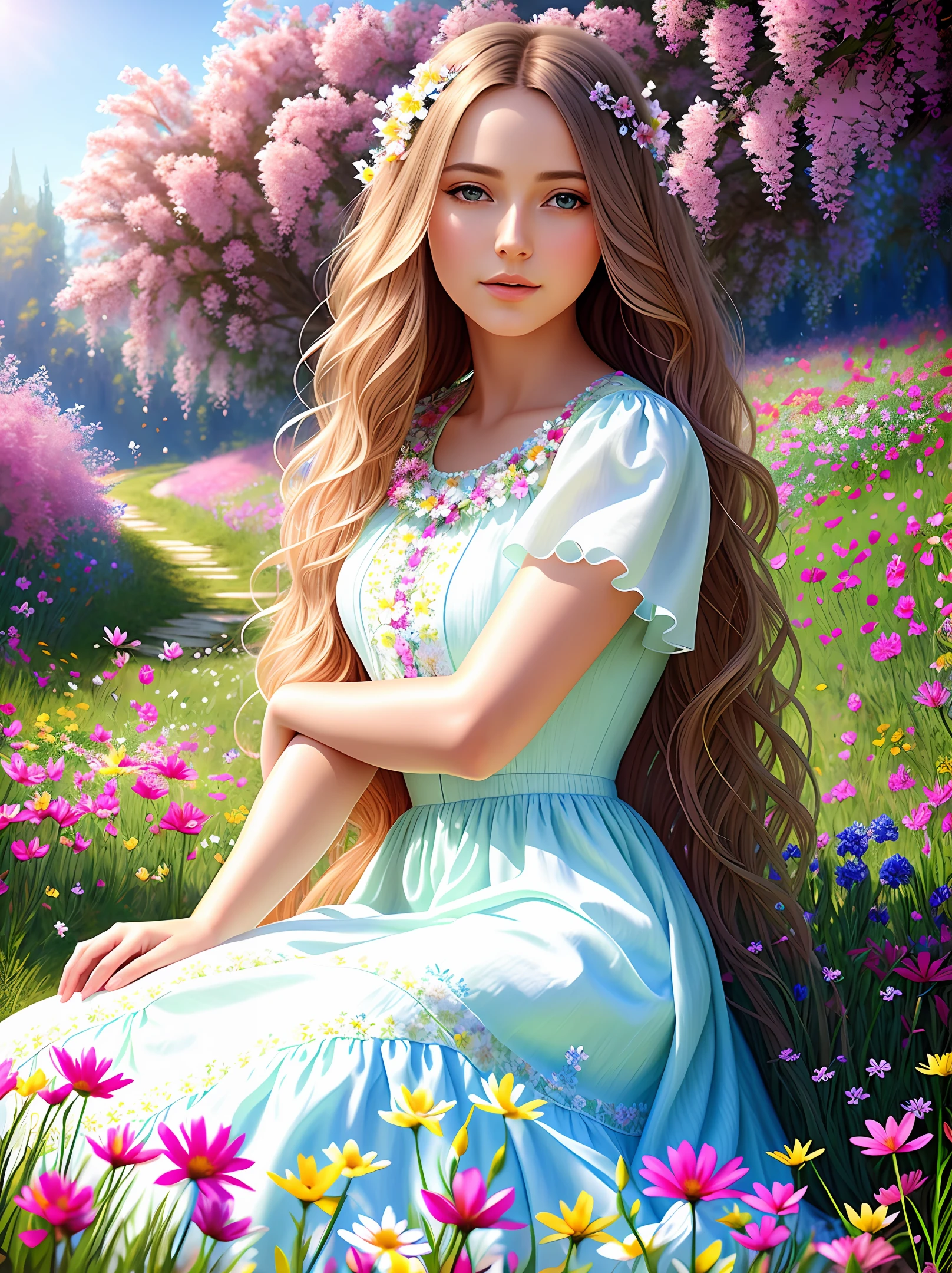 Digital painting, photorealism, masterpiece, hyperdetailed, 1 beautiful woman, sitting in a flower field, wearing a light flowy dress, long flowy hair, detailed background, 4k, intricate details, detailed eyes, detailed skin, perfect lighting, unreal engine, deviantart, water, flower, nature, utopia