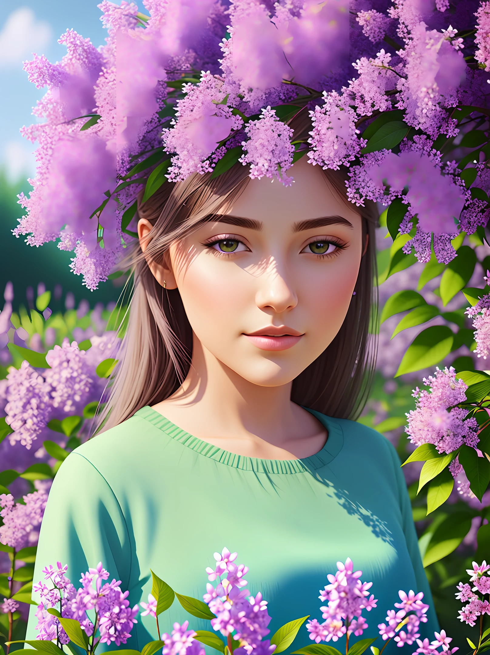 Digital painting, photorealism, masterpiece, hyperdetailed, of a flower field, detailed background, lilac bushes, 4k, intricate details, perfect lighting, unreal engine, deviantart, water, flower, nature, utopia