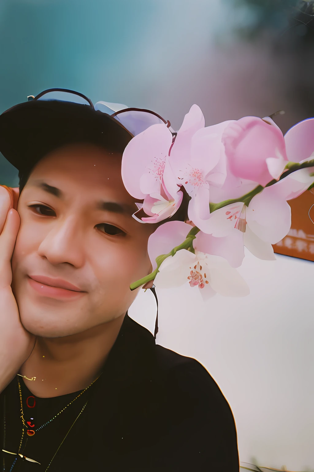 Photo of a man standing under a cherry blossom tree, high quality photo, bokeh, simulation, depth of field, portra 800 film,