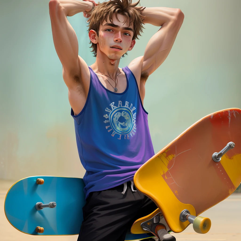 sweaty skater boy, , wearing tank top, one arm behind head and the other arm holding a skateboard, some dark wispy armpit hair, lean, not muscular