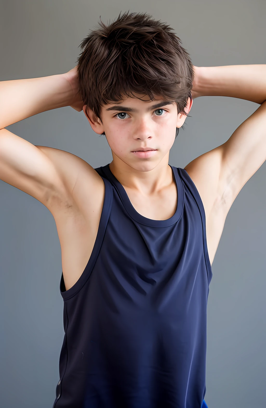 sweaty skater boy, 15 years old, wearing tank top, arm behind head, some dark wispy armpit hair, lean, not muscular