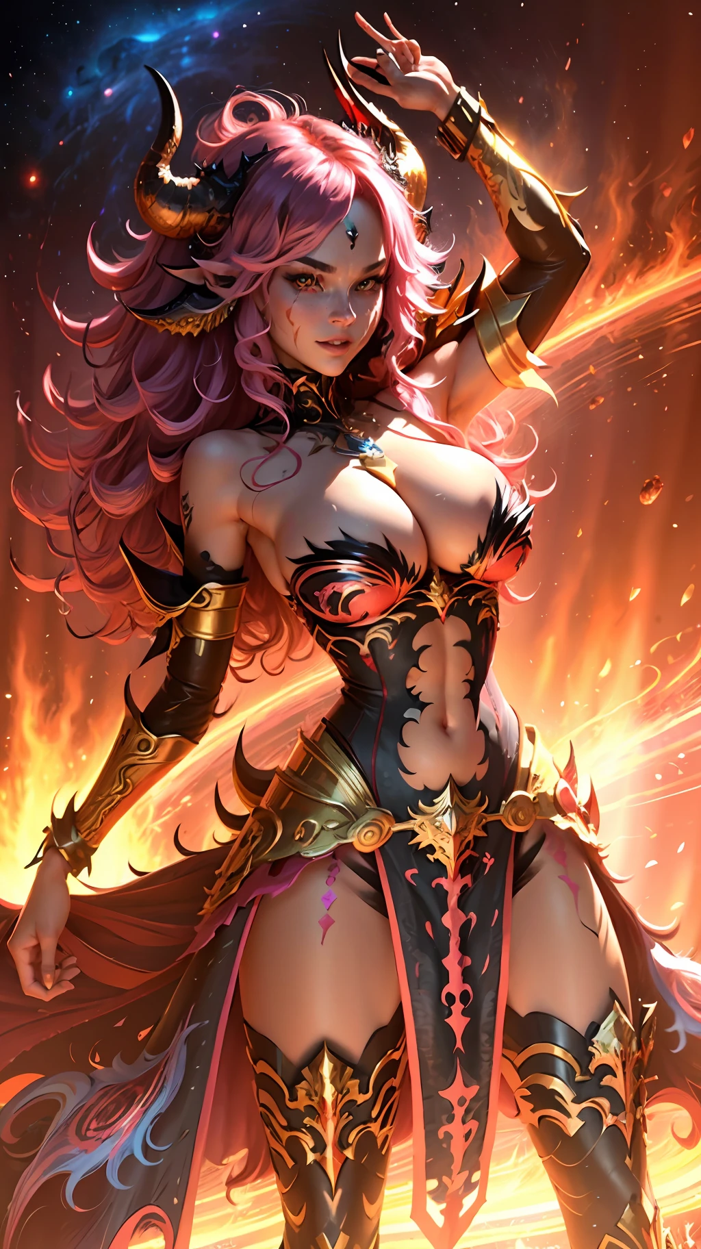 ((pov)), looking at viewer, vibrant gaze, Goddess of Multiverse Monsters, Female, Goddess of Evil, Serena, Devilish Smile, Large Golden Dragon Horns, (Lush Lush Long Hair, Pink Hair, Wavy Fringe, Messy Hair), ((yellow eyes)), Goddess Long Dress, Thin, Big Breasts, Wide Waist, horrifying , Dark Fantasy, destruction, ((master realistic, psychedelic art, ultra-detailed face, ultra-detailed body, ultra-detailed eyes, cinematic, ultra-detailed, harsh lighting, 16k)), --splash art 100, Chaos 750, stylized 750, galaxy, stars, planets in background, colorful,