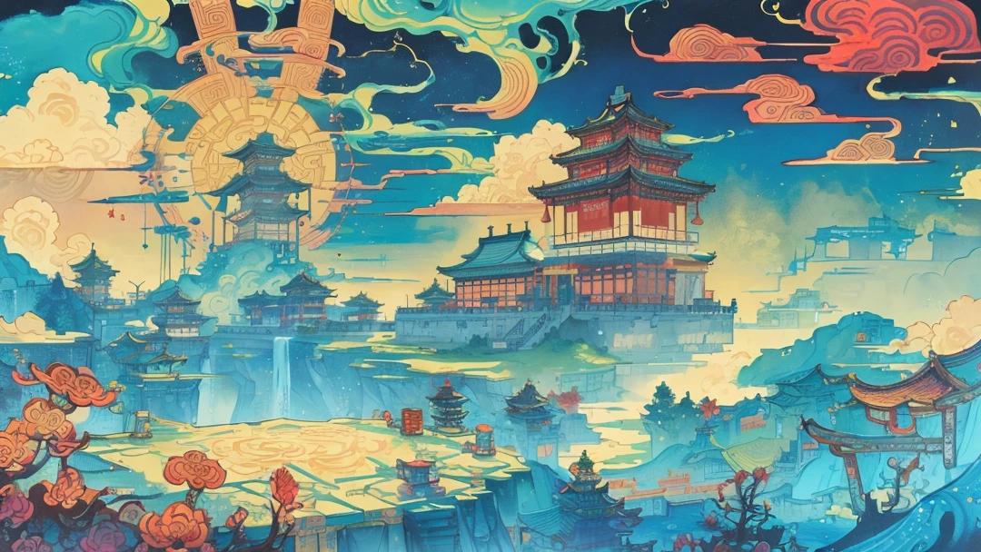 The game scene, the ancient Chinese palace is located above the clouds, surrounded by clouds and mist, majestic, glazed tiles, Buddha sitting on the horizon, colorful, ((color ink)),((splash ink)) ,((splash ink) ink} ) ) , masterpiece, High quality, nice graphics, high detail