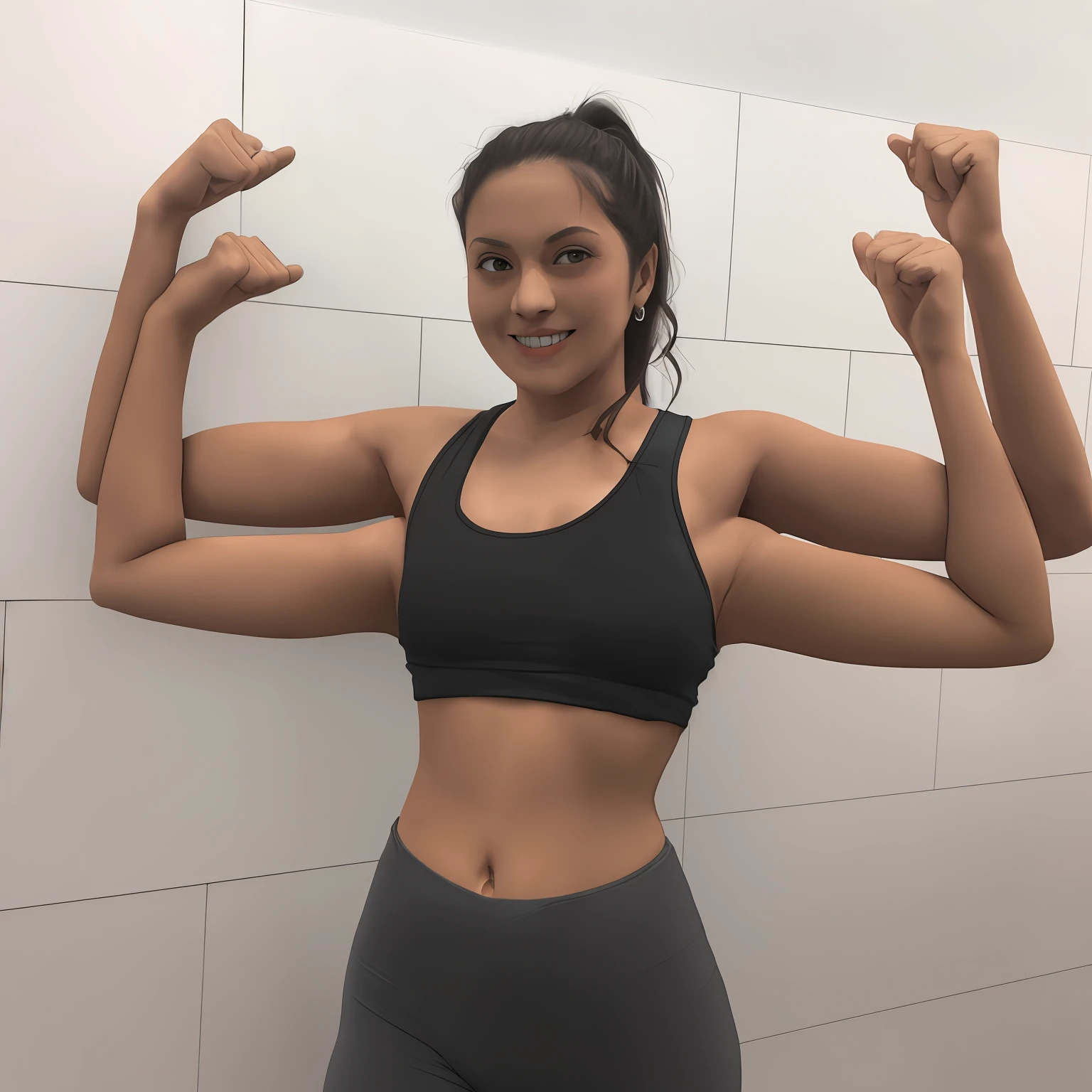 (multiarm:1.2) woman, four arms, anime, casual clothes, t-shirt, leggings, solo, double v, double peace sign, arms folded, sitting, hugging knee, from above, looking at viewer, mudra