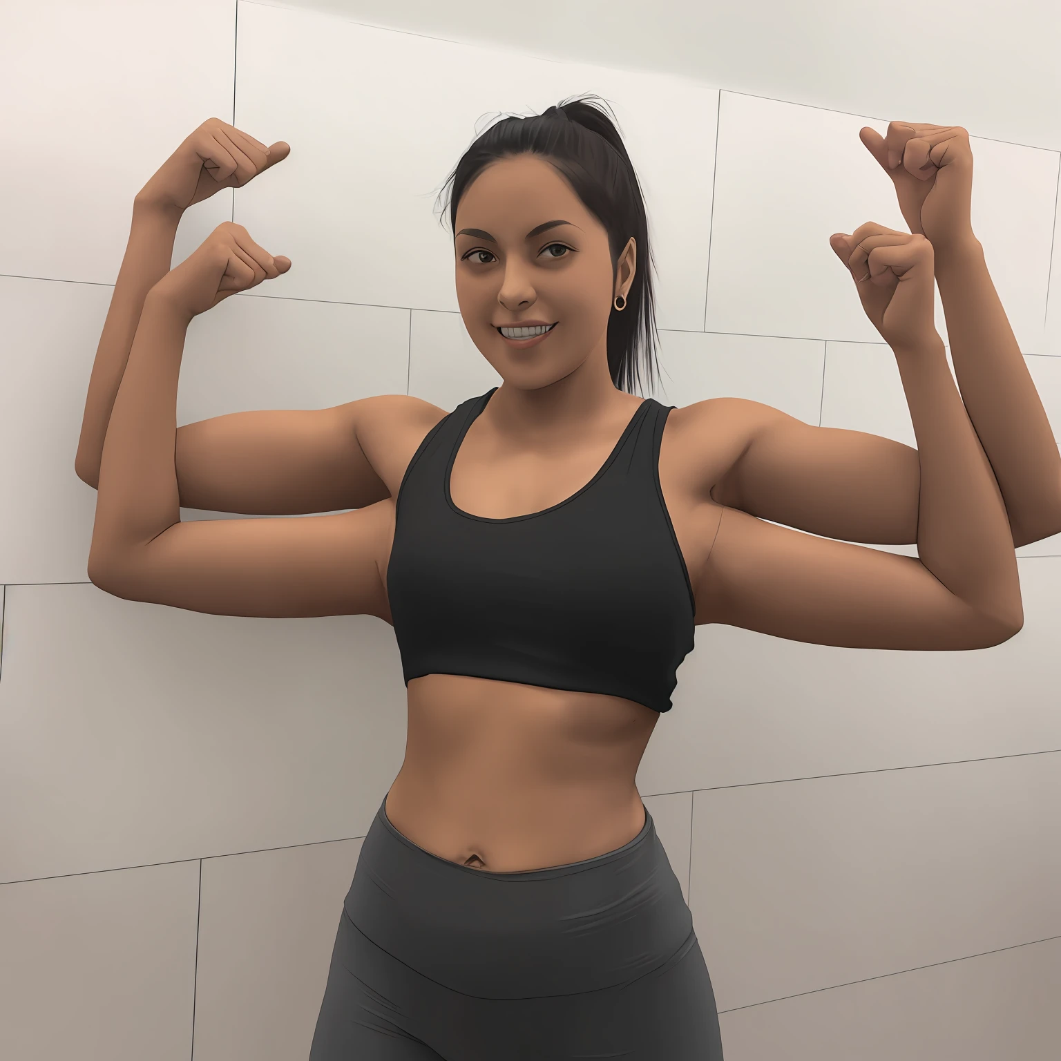 (multiarm:1.2) woman, four arms, anime, casual clothes, t-shirt, leggings, solo, double v, double peace sign, arms folded, sitting, hugging knee, from above, looking at viewer, mudra