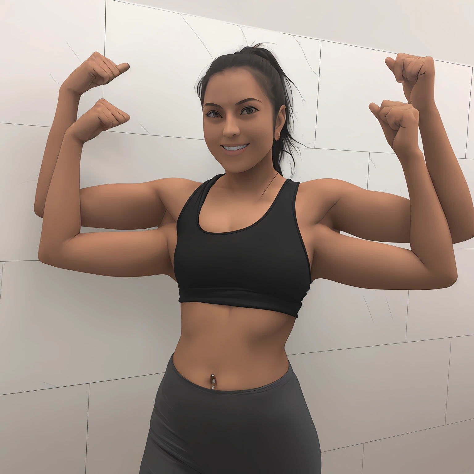 (multiarm:1.2) woman, four arms, anime, casual clothes, t-shirt, leggings, solo, double v, double peace sign, arms folded, sitting, hugging knee, from above, looking at viewer, mudra