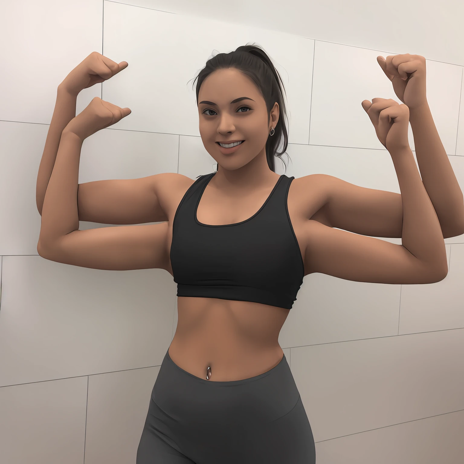 (multiarm:1.2) woman, four arms, anime, casual clothes, t-shirt, leggings, solo, double v, double peace sign, arms folded, sitting, hugging knee, from above, looking at viewer, mudra