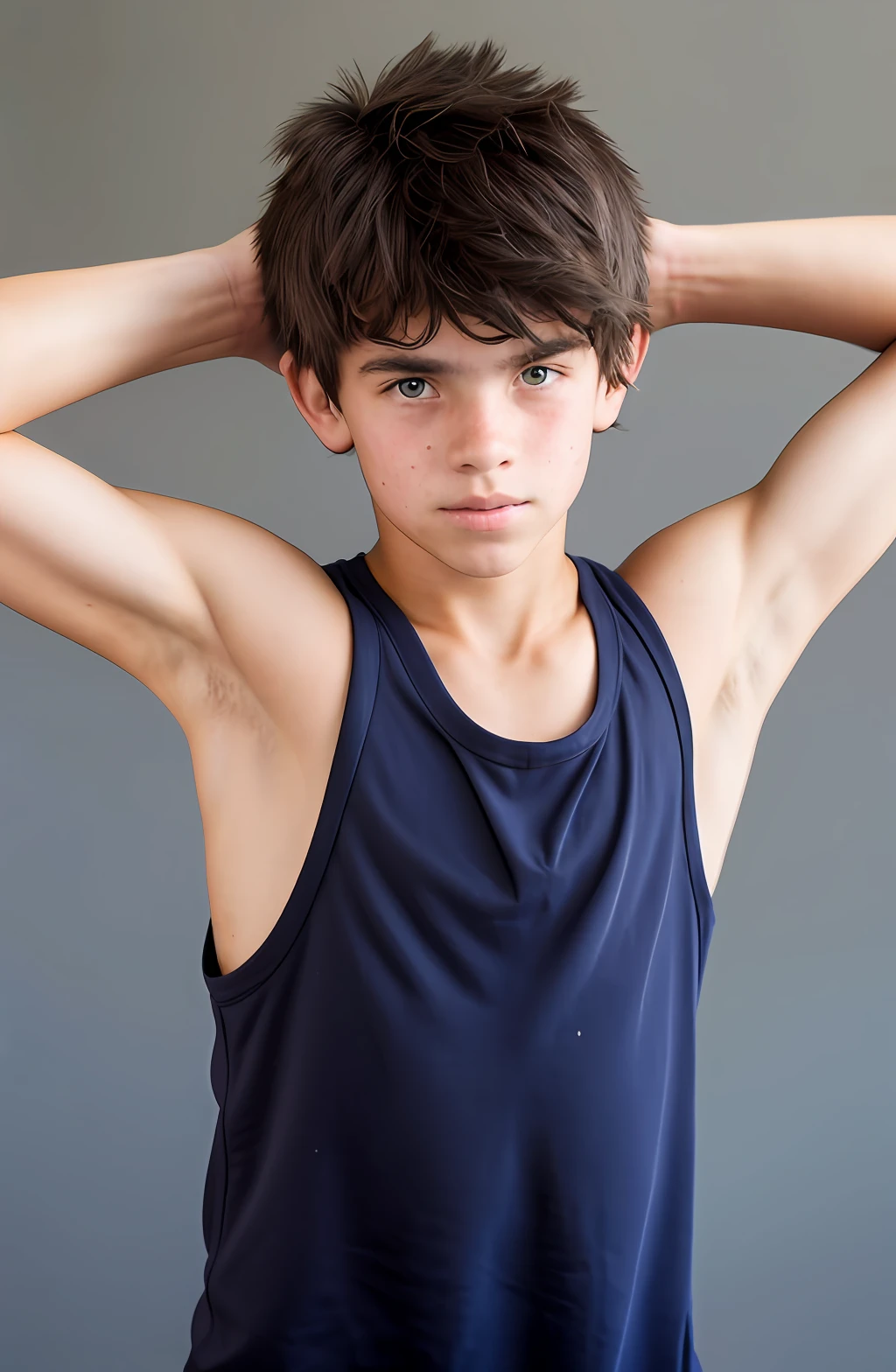 sweaty skater boy, , wearing tank top, arm behind head, some dark wispy armpit hair, lean, not muscular