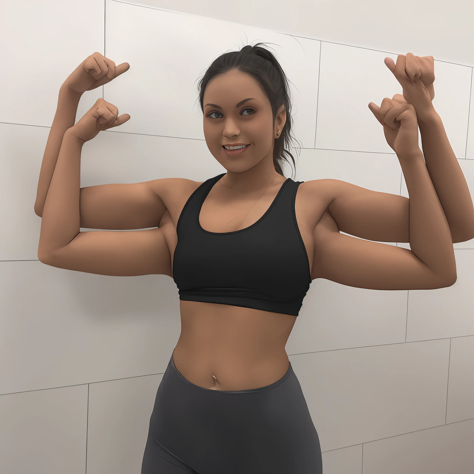 "(Multi-armed:1.2) woman in casual clothes, wearing a t-shirt and leggings, sitting with arms folded and hugging knee, featuring four arms and making a double v, double peace sign, and mudra gesture, shot from above with eye contact to the viewer. Realistic style."
