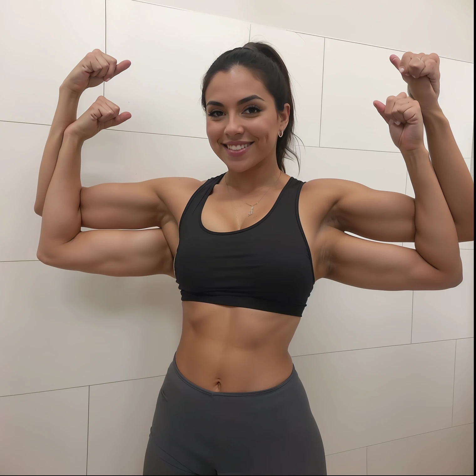 Extra arms, a woman with a black top and gray shorts posing for a picture, curvy arms, incredibly beautiful and tall, showing off biceps, big arms, strong pose, very beautiful, arms extended, flexing arms, 4 arms and 2 legs!, curvy arms, multiple arms
