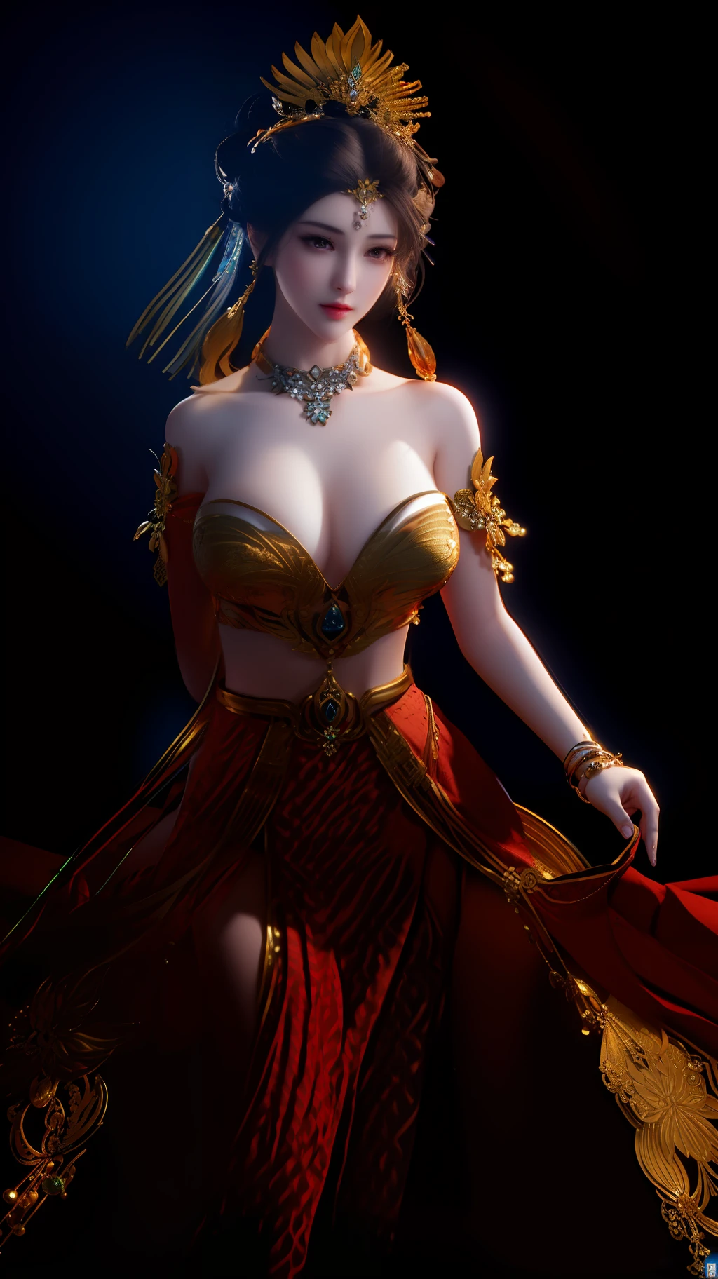 best quality, masterpiece, high_res, 1girl, hair ornament, necklace, jewelry, Beautiful face, upon body, tyndall effect, photo realistic, dark studio, rim lighting, two tone lighting, (high detailed skin:1.2), 8k uhd, dslr, soft lighting, high quality, volumetric lighting, candid, Photograph, high resolution, 4k, 8k, Bokeh, medium breasts, full body, (high detailed fingers:1.5), breasts out,