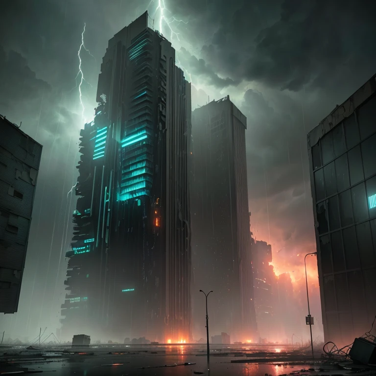 end of the world, during a hurricane, epic realistic, (hdr:1.4), (muted colors:1.4), apocalypse, violent rainfall, abandoned, neutral colors, night, screen space refractions, (intricate details), (intricate details, hyperdetailed:1.2), artstation, cinematic shot, vignette, complex background, 70's buildings