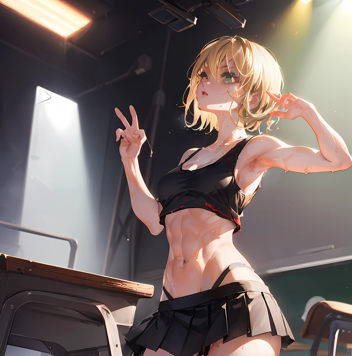 (((one girl))), masterpiece, masterpiece, punk girl singing, very good anime illustration, ray tracing, looking up composition, arched pose, beautifully detailed face, beautifully detailed skin, toned Abs, (Spotlight), [Real] ([Details] Background (Classroom), ((Blonde)), Wet black tank top, Lower body skirt, Flaming skirt hem, Lower breasts, Half-naked, Slender, Underwear, Sweat, Guitar , glances