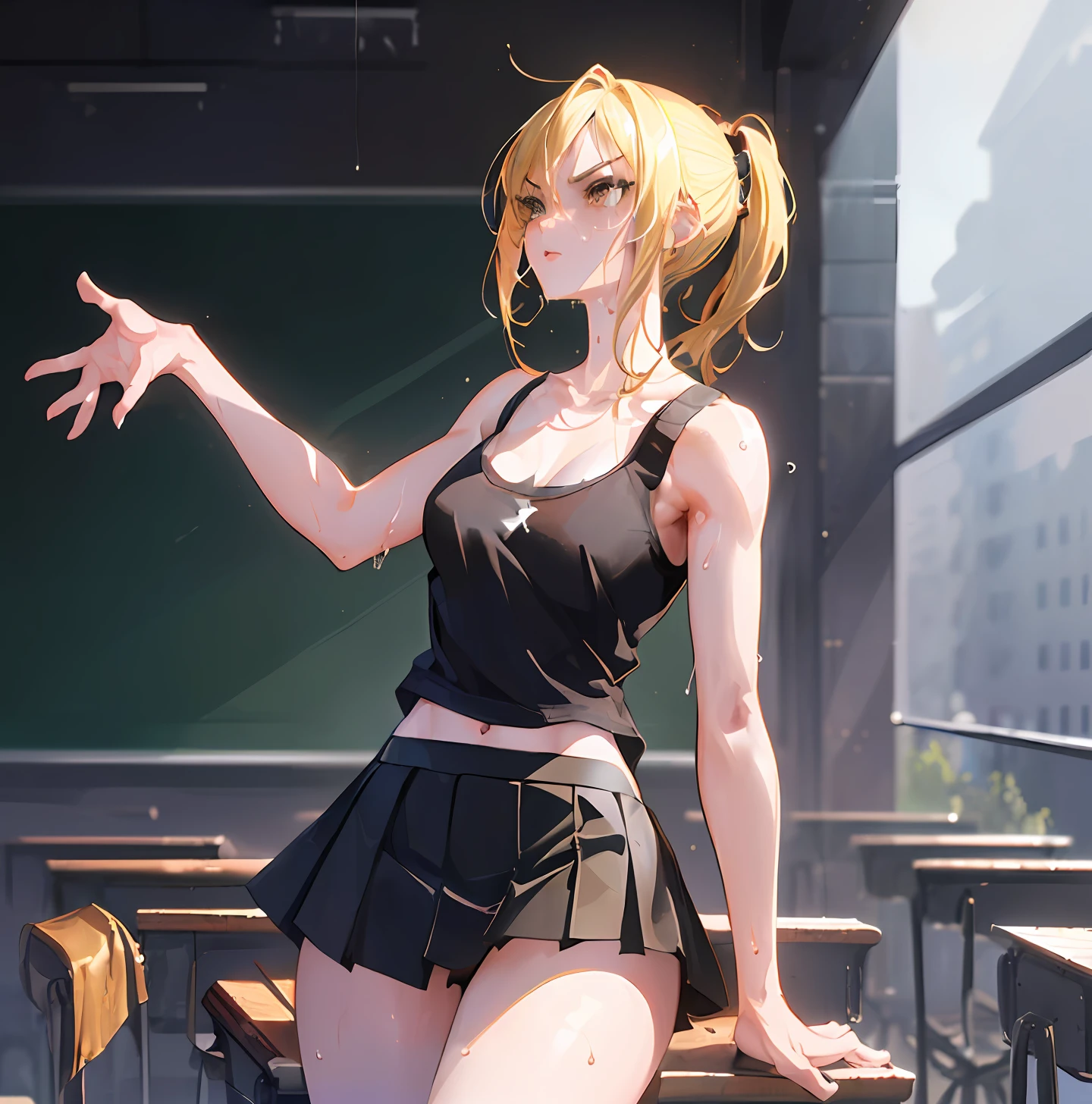 (((one girl))), masterpiece, masterpiece, punk girl, very good anime illustration, ray tracing, looking up composition, arched pose, beautifully detailed face, beautifully detailed skin, toned abs, ( spotlight), [real] ((details) background (classroom), ((blond hair)), wet black tank top, lower body skirt, fluttering skirt hem, half-naked, slender, underwear, sweat, guitar, glaring line of sight