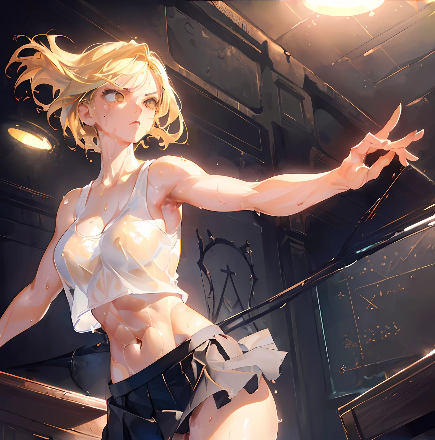 (((one girl))), masterpiece, masterpiece, very good anime illustration, raytracing, looking up composition, arched pose, beautifully detailed face, beautifully detailed skin, toned abs, (spotlight) , [Real] ((details) background (classroom), ((blonde)), wet tank top, lower body is skirt, skirt hem flutters, half-naked, slender, underwear, sweat, holding guitar, glaring gaze