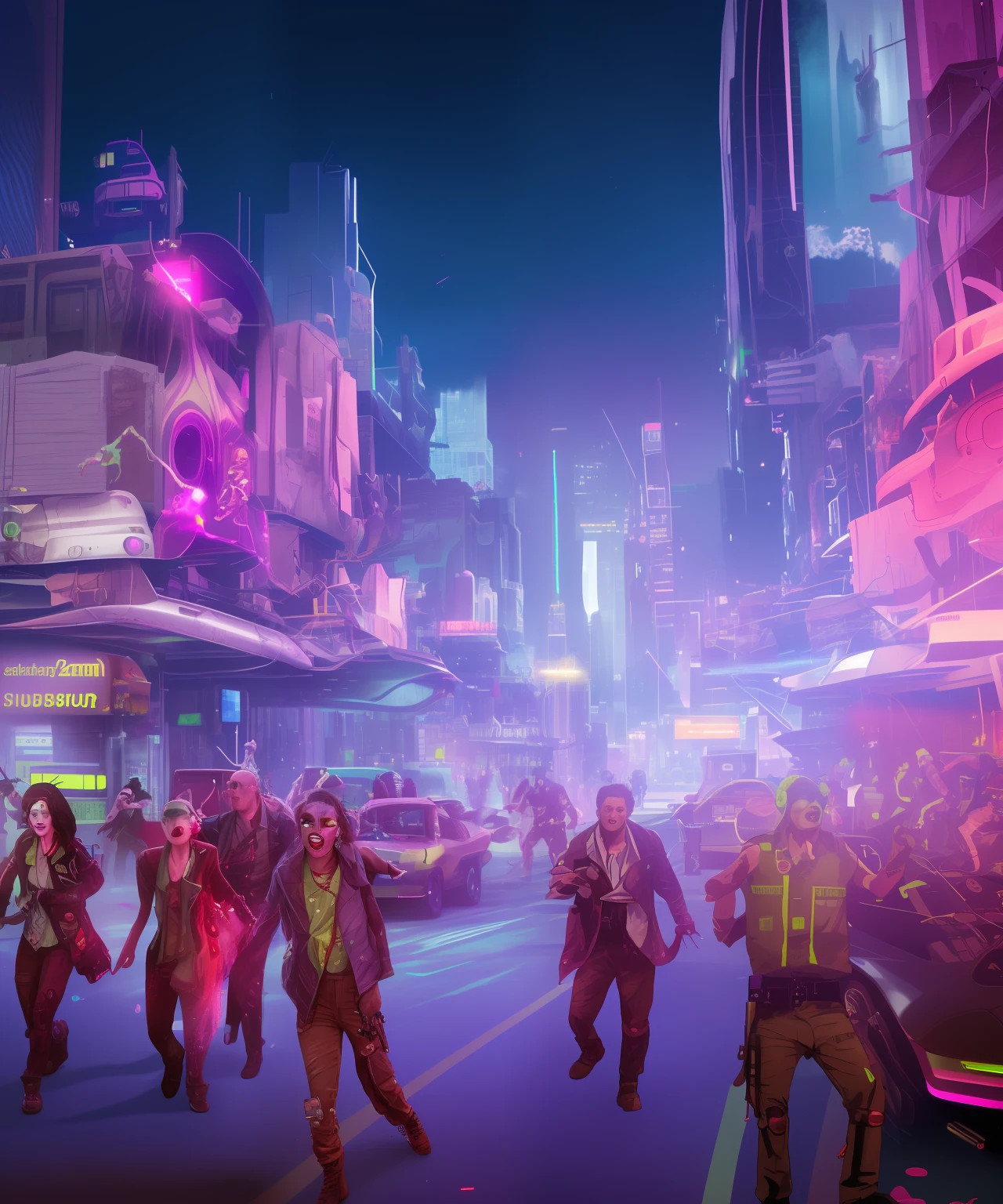 Create a hyper realistic image of a futuristic city at night, with neon lights, skyscrapers, flying cars and holograms. The city is overrun by zombies who are dancing to the music from the clubs and bars. The zombies have cybernetic enhancements and wear colorful outfits. The image should have a high level of detail and contrast, and use stable diffusion to smooth out the noise and artifacts.The zombies have different expressions and poses, some are smiling, some are grimacing, some are biting each other. They have various injuries and scars, such as missing limbs, bullet holes, burns and stitches. brains sticking out from their heads, some of them eating others brains.