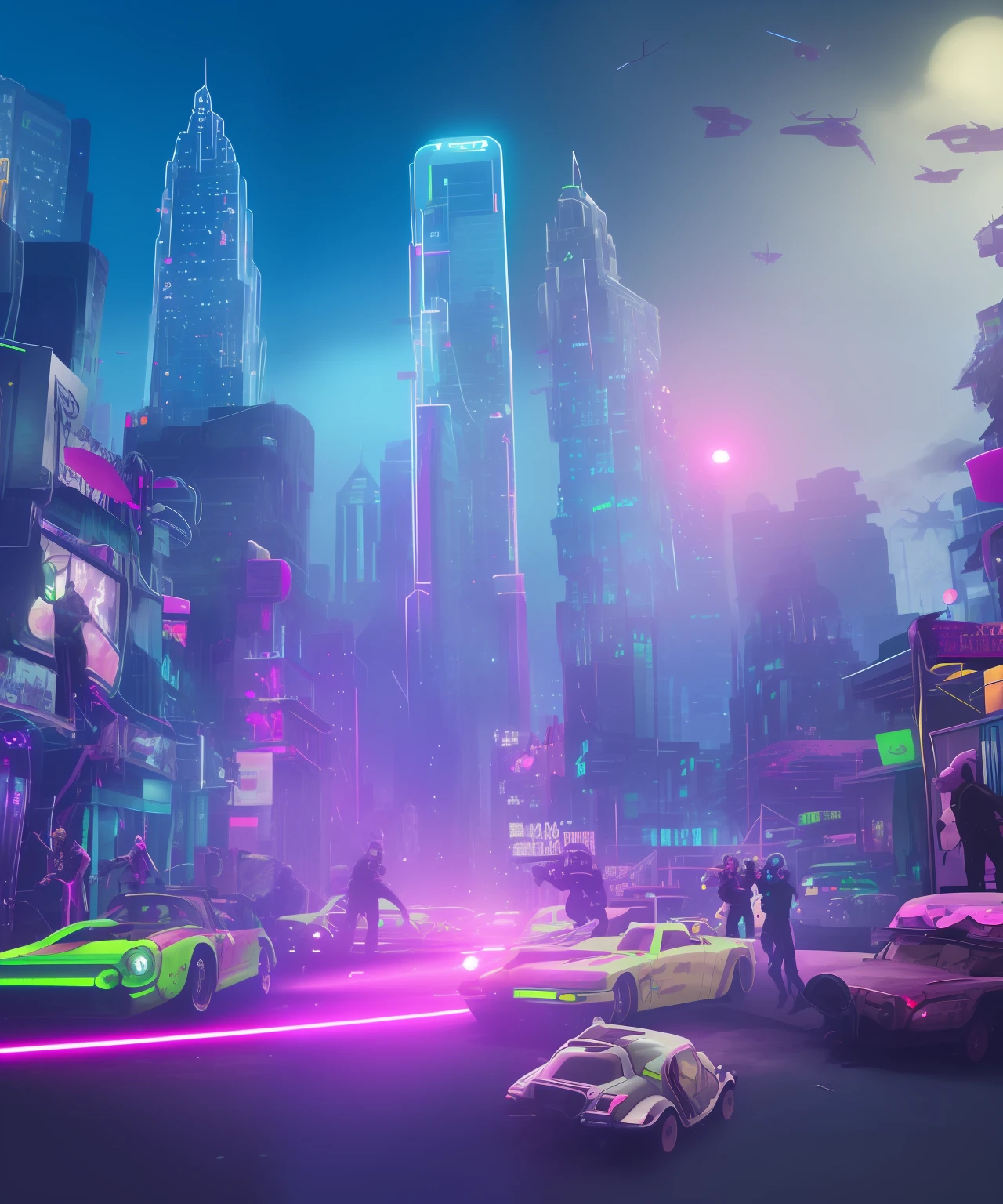 Create a hyper realistic image of a futuristic city at night, with neon lights, skyscrapers, flying cars and holograms. The city is overrun by zombies who are dancing to the music from the clubs and bars. The zombies have cybernetic enhancements and wear colorful outfits. The image should have a high level of detail and contrast, and use stable diffusion to smooth out the noise and artifacts.The zombies have different expressions and poses, some are smiling, some are grimacing, some are biting each other. They have various injuries and scars, such as missing limbs, bullet holes, burns and stitches. brains sticking out from their heads, some of them eating others brains.