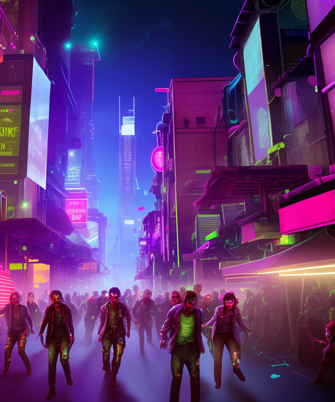 Create a hyper realistic image of a futuristic city at night, with neon lights, skyscrapers, flying cars and holograms. The city is overrun by zombies who are dancing to the music from the clubs and bars. The zombies have cybernetic enhancements and wear colorful outfits. The image should have a high level of detail and contrast, and use stable diffusion to smooth out the noise and artifacts.The zombies have different expressions and poses, some are smiling, some are grimacing, some are biting each other. They have various injuries and scars, such as missing limbs, bullet holes, burns and stitches. brains sticking out from their heads, some of them eating others brains.